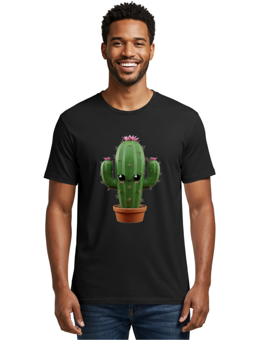 Cactus-In-Pot-3 Men'S Graphic Tee, 100% Cotton, Comfortable Casual Summer Wear, Machine Washable, Cartoon Cactus, Potted Cactus, Cool Cactus, Cactus With Sunglasses, Quirky Plant, Humorous Illustration, Flower Blooming Cactus, Bac746