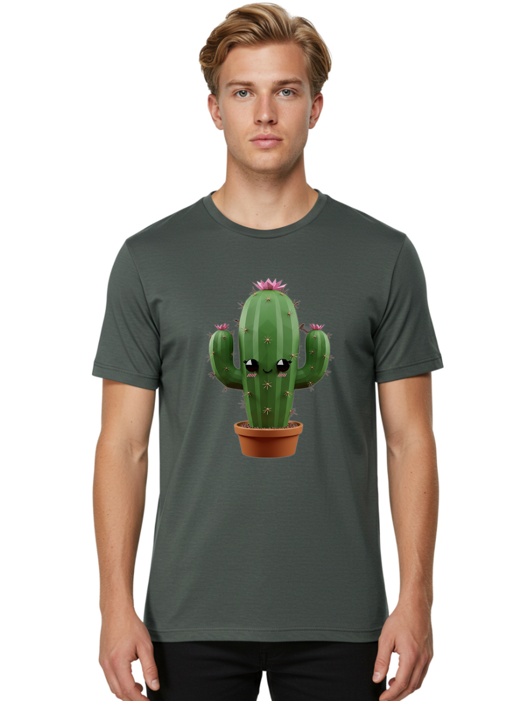 Cactus-In-Pot-3 Men'S Graphic Tee, 100% Cotton, Comfortable Casual Summer Wear, Machine Washable, Cartoon Cactus, Potted Cactus, Cool Cactus, Cactus With Sunglasses, Quirky Plant, Humorous Illustration, Flower Blooming Cactus, Bac746