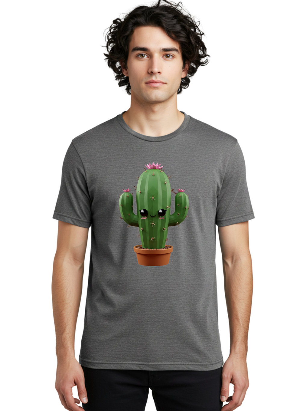 Cactus-In-Pot-3 Men'S Graphic Tee, 100% Cotton, Comfortable Casual Summer Wear, Machine Washable, Cartoon Cactus, Potted Cactus, Cool Cactus, Cactus With Sunglasses, Quirky Plant, Humorous Illustration, Flower Blooming Cactus, Bac746