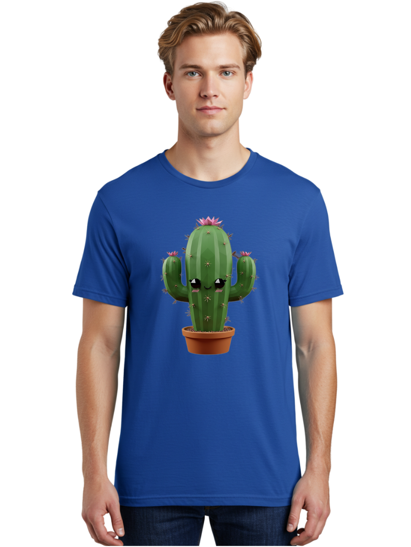 Cactus-In-Pot-3 Men'S Graphic Tee, 100% Cotton, Comfortable Casual Summer Wear, Machine Washable, Cartoon Cactus, Potted Cactus, Cool Cactus, Cactus With Sunglasses, Quirky Plant, Humorous Illustration, Flower Blooming Cactus, Bac746