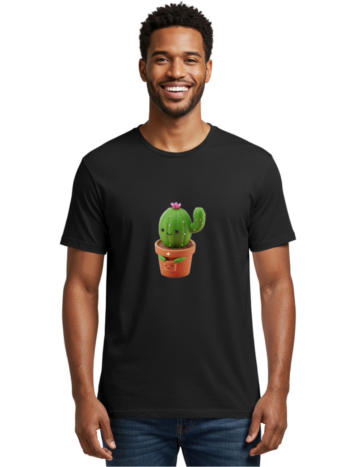 Cactus-In-Pot Men'S Graphic Tee, 100% Cotton, Comfortable Casual Summer Wear, Machine Washable, Cartoon Cactus, Cactus In Pot, Smiling Face, Pink Flower, Cute Decor, Kawaii Style, Succulent Plant, Terracotta Pot, Adorable Character, Bac748