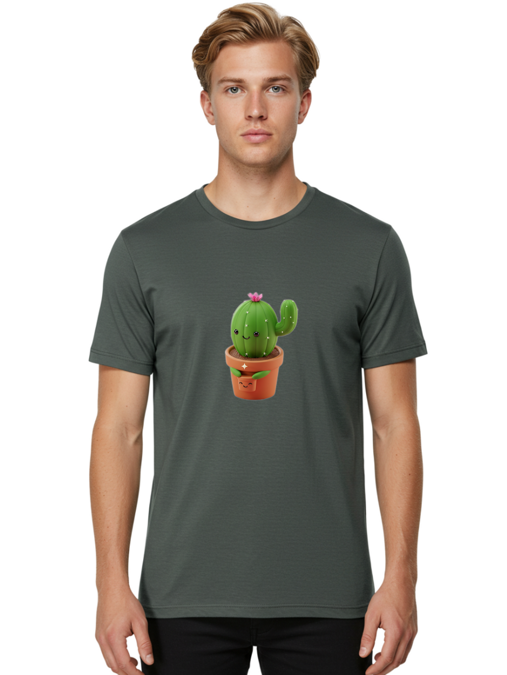 Cactus-In-Pot Men'S Graphic Tee, 100% Cotton, Comfortable Casual Summer Wear, Machine Washable, Cartoon Cactus, Cactus In Pot, Smiling Face, Pink Flower, Cute Decor, Kawaii Style, Succulent Plant, Terracotta Pot, Adorable Character, Bac748