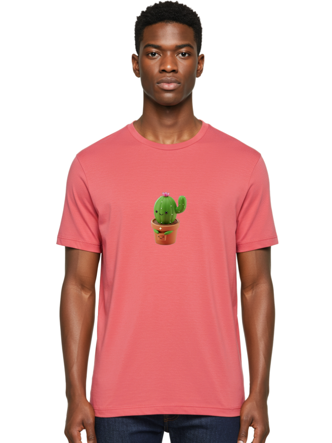 Cactus-In-Pot Men'S Graphic Tee, 100% Cotton, Comfortable Casual Summer Wear, Machine Washable, Cartoon Cactus, Cactus In Pot, Smiling Face, Pink Flower, Cute Decor, Kawaii Style, Succulent Plant, Terracotta Pot, Adorable Character, Bac748