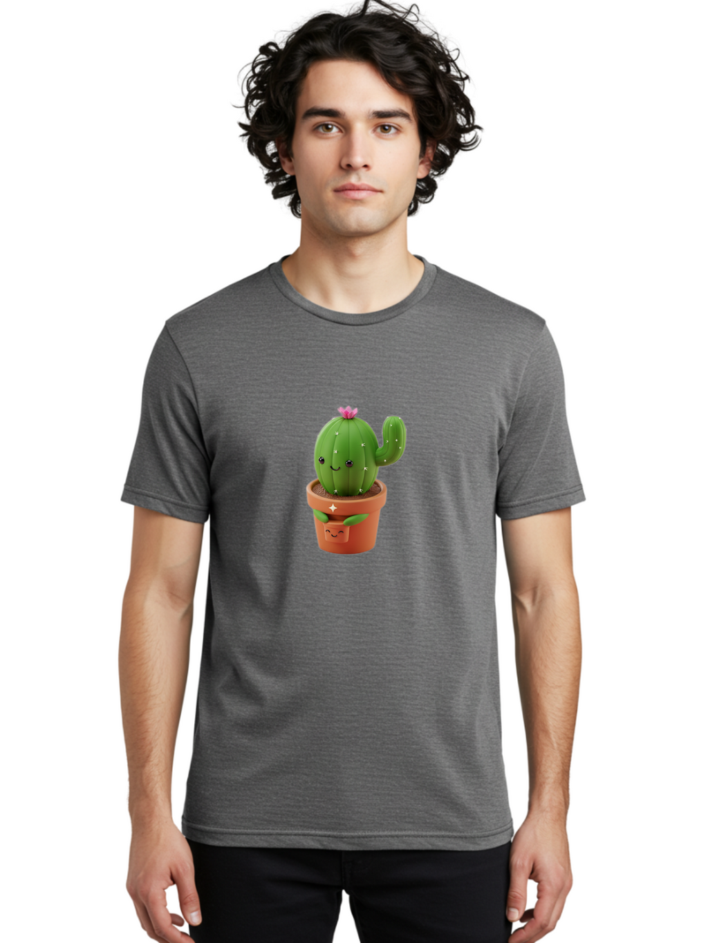 Cactus-In-Pot Men'S Graphic Tee, 100% Cotton, Comfortable Casual Summer Wear, Machine Washable, Cartoon Cactus, Cactus In Pot, Smiling Face, Pink Flower, Cute Decor, Kawaii Style, Succulent Plant, Terracotta Pot, Adorable Character, Bac748