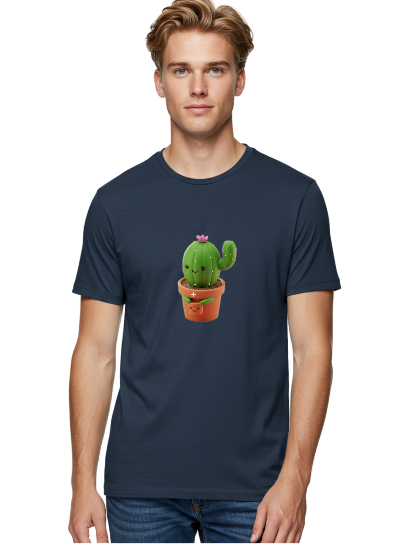 Cactus-In-Pot Men'S Graphic Tee, 100% Cotton, Comfortable Casual Summer Wear, Machine Washable, Cartoon Cactus, Cactus In Pot, Smiling Face, Pink Flower, Cute Decor, Kawaii Style, Succulent Plant, Terracotta Pot, Adorable Character, Bac748