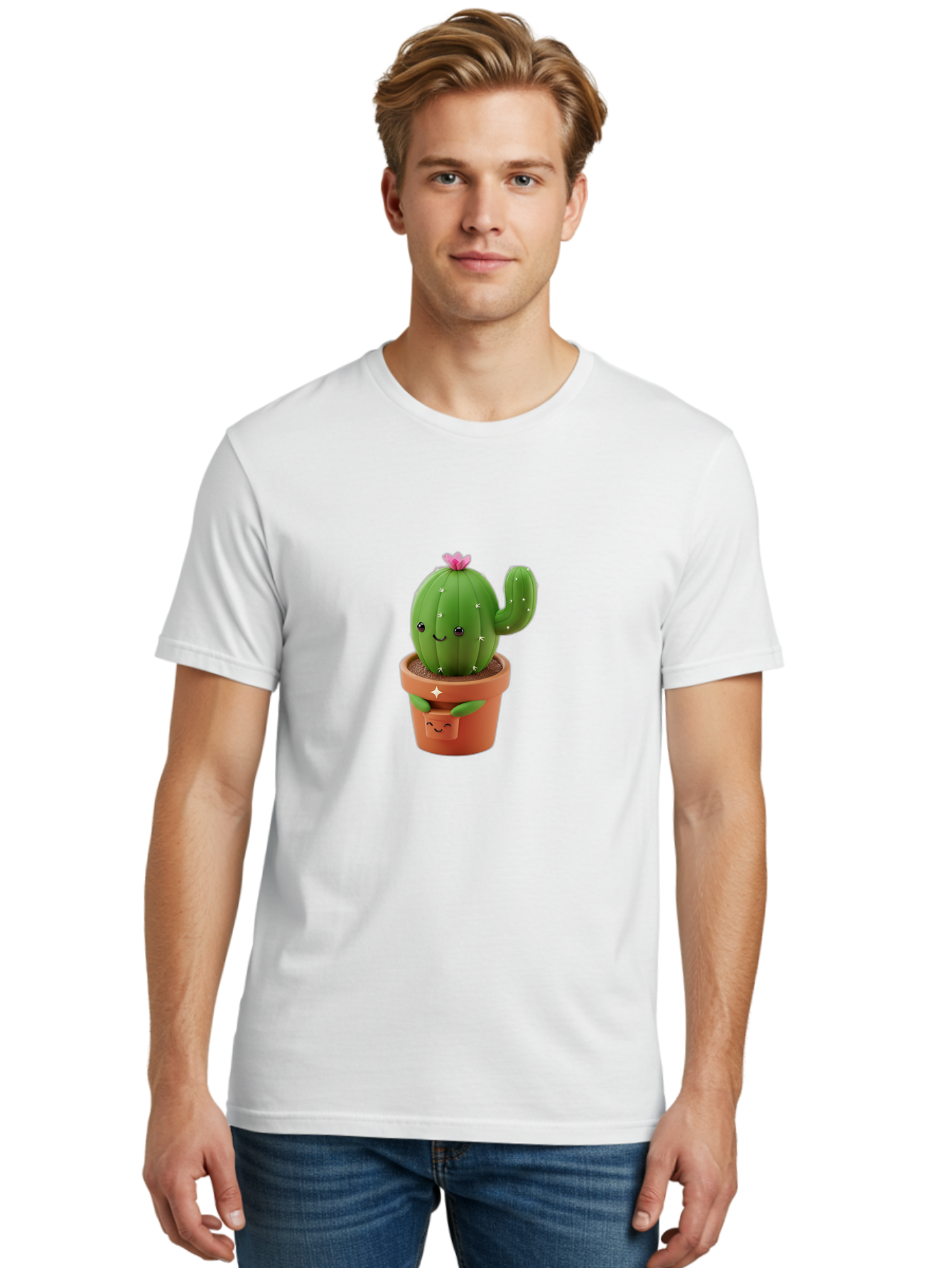 Cactus-In-Pot Men'S Graphic Tee, 100% Cotton, Comfortable Casual Summer Wear, Machine Washable, Cartoon Cactus, Cactus In Pot, Smiling Face, Pink Flower, Cute Decor, Kawaii Style, Succulent Plant, Terracotta Pot, Adorable Character, Bac748
