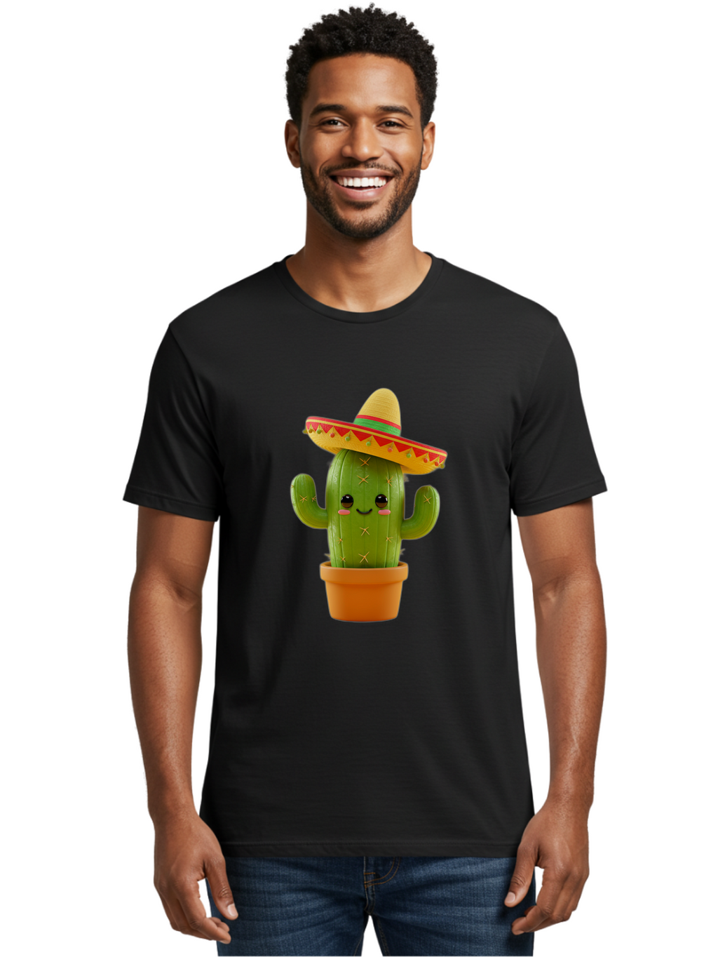 Cactus-In-Sombrero Men'S Graphic Tee, 100% Cotton, Comfortable Casual Summer Wear, Machine Washable, Cartoon Cactus, Smiling Face, Sombrero Hat, Terracotta Pot, Festive Decor, Mexican Culture, Fun Design, Vibrant Colors, Kawaii Style Bac750