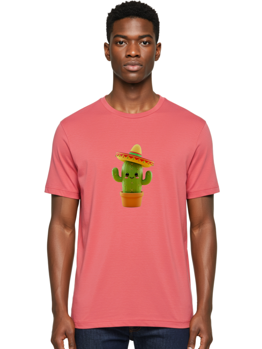 Cactus-In-Sombrero Men'S Graphic Tee, 100% Cotton, Comfortable Casual Summer Wear, Machine Washable, Cartoon Cactus, Smiling Face, Sombrero Hat, Terracotta Pot, Festive Decor, Mexican Culture, Fun Design, Vibrant Colors, Kawaii Style Bac750