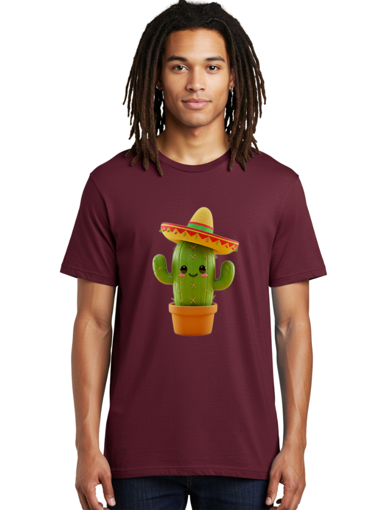 Cactus-In-Sombrero Men'S Graphic Tee, 100% Cotton, Comfortable Casual Summer Wear, Machine Washable, Cartoon Cactus, Smiling Face, Sombrero Hat, Terracotta Pot, Festive Decor, Mexican Culture, Fun Design, Vibrant Colors, Kawaii Style Bac750