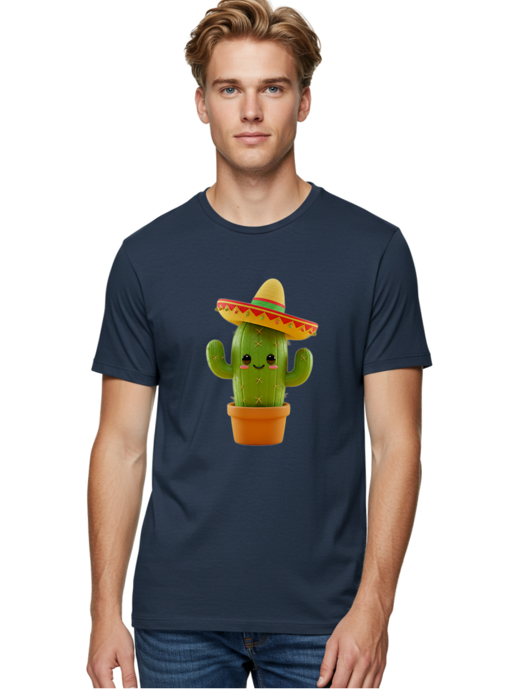 Cactus-In-Sombrero Men'S Graphic Tee, 100% Cotton, Comfortable Casual Summer Wear, Machine Washable, Cartoon Cactus, Smiling Face, Sombrero Hat, Terracotta Pot, Festive Decor, Mexican Culture, Fun Design, Vibrant Colors, Kawaii Style Bac750