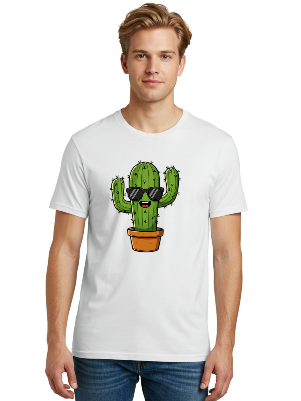 Cactus-In-Sunglasses-1 Men'S Graphic Tee, 100% Cotton, Comfortable Casual Summer Wear, Machine Washable, Cartoon Cactus, Pot, Sunglasses, Happy Face, Spiky Texture, Trendy Decor, Quirky Charm, Fun Design, Humorous Vibe, Cool Cactus, Bac751