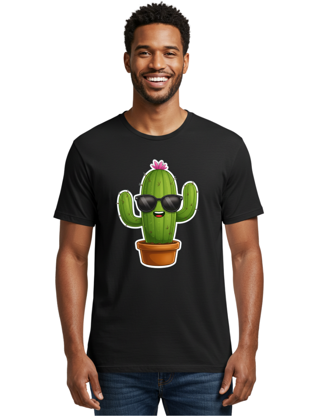 Cactus-In-Sunglasses Men'S Graphic Tee, 100% Cotton, Comfortable Casual Summer Wear, Machine Washable, Cartoon Cactus, Sunglasses, Cool Cactus, Potted Plant, Desert Humor, Fun Character, Quirky Illustration, Cactus Love, Trendy Graphics Bac752