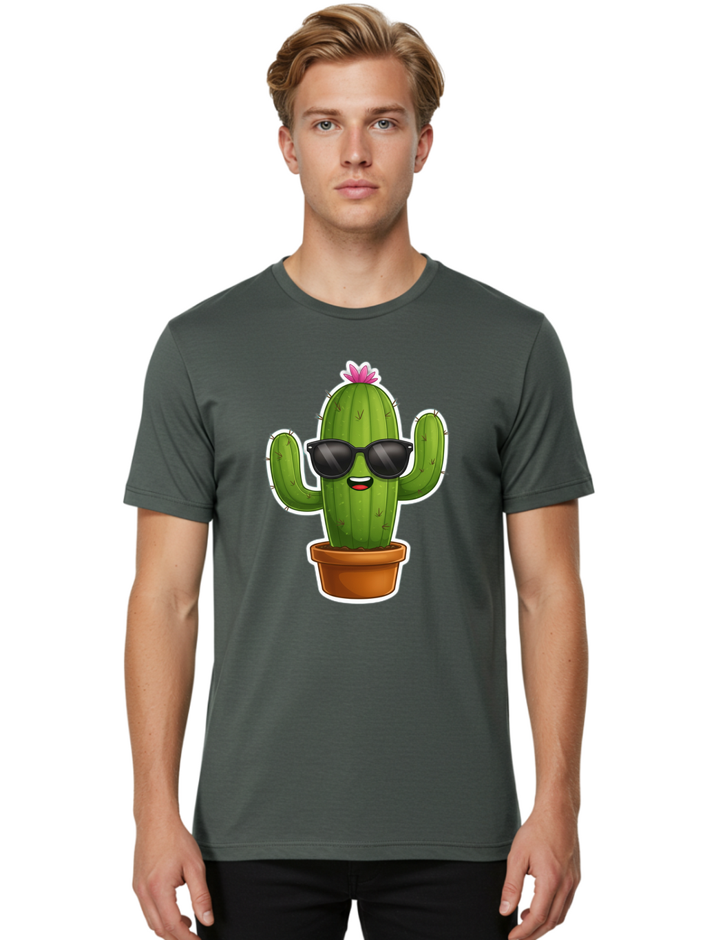 Cactus-In-Sunglasses Men'S Graphic Tee, 100% Cotton, Comfortable Casual Summer Wear, Machine Washable, Cartoon Cactus, Sunglasses, Cool Cactus, Potted Plant, Desert Humor, Fun Character, Quirky Illustration, Cactus Love, Trendy Graphics Bac752