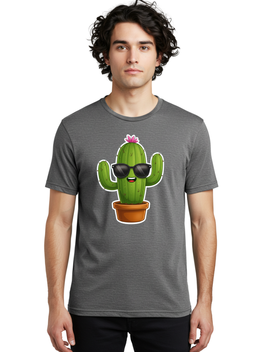 Cactus-In-Sunglasses Men'S Graphic Tee, 100% Cotton, Comfortable Casual Summer Wear, Machine Washable, Cartoon Cactus, Sunglasses, Cool Cactus, Potted Plant, Desert Humor, Fun Character, Quirky Illustration, Cactus Love, Trendy Graphics Bac752