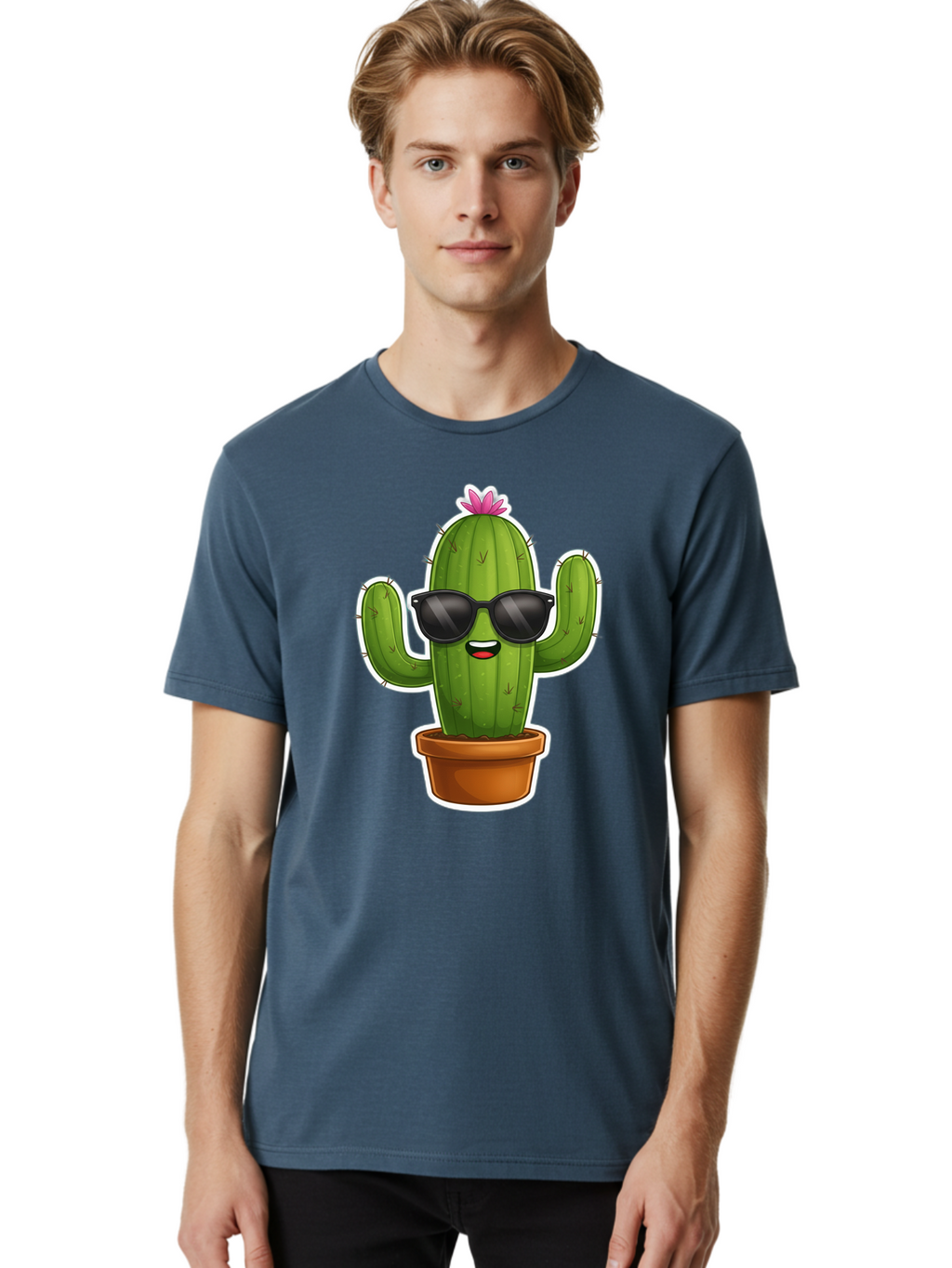 Cactus-In-Sunglasses Men'S Graphic Tee, 100% Cotton, Comfortable Casual Summer Wear, Machine Washable, Cartoon Cactus, Sunglasses, Cool Cactus, Potted Plant, Desert Humor, Fun Character, Quirky Illustration, Cactus Love, Trendy Graphics Bac752