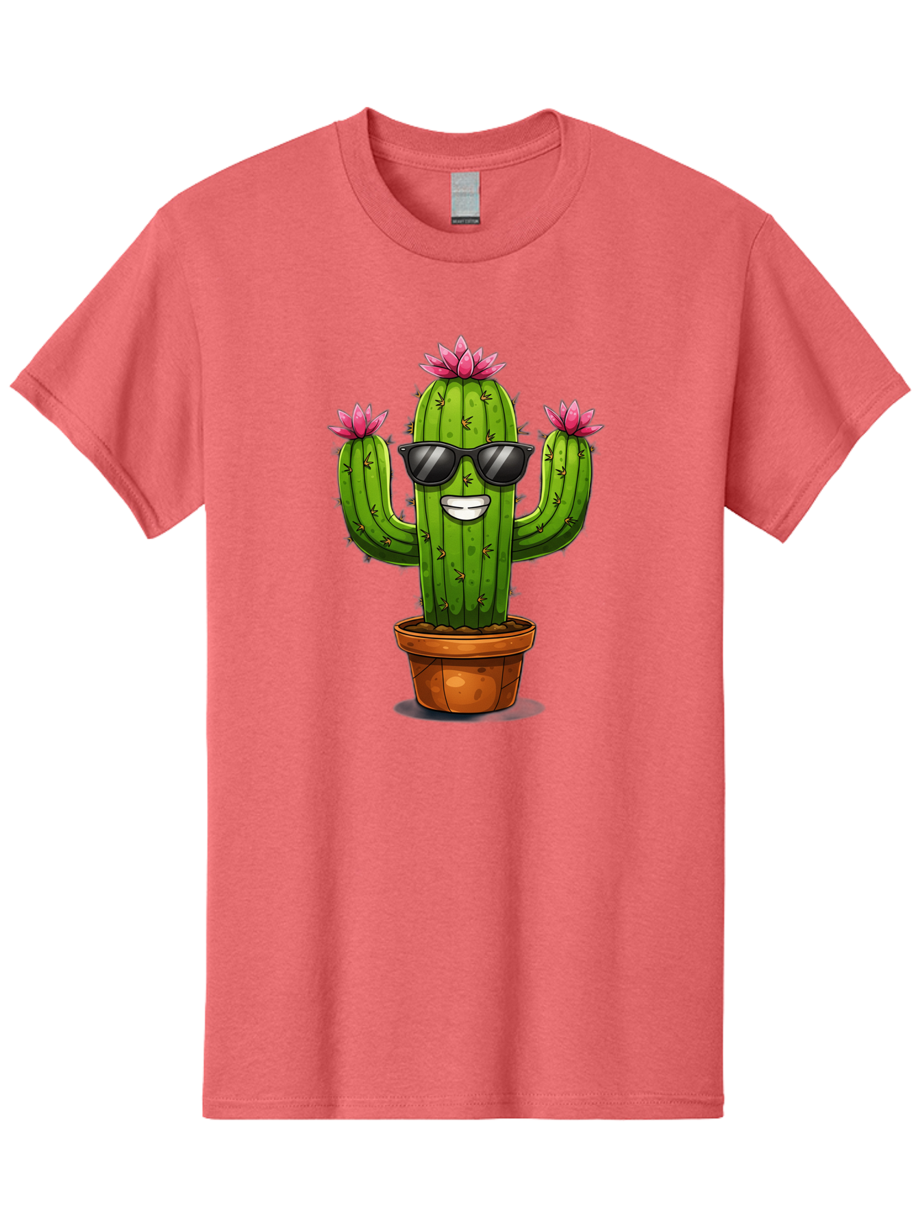 Cactus-Sunglasses-1 Men'S Graphic Tee, 100% Cotton, Comfortable Casual Summer Wear, Machine Washable, Funny Cactus, Sunglasses, Cartoon Style, Pink Flowers, Terracotta Pot, Smiling Face, Quirky Character, Houseplant Decor, Desert Vibes, Bac754