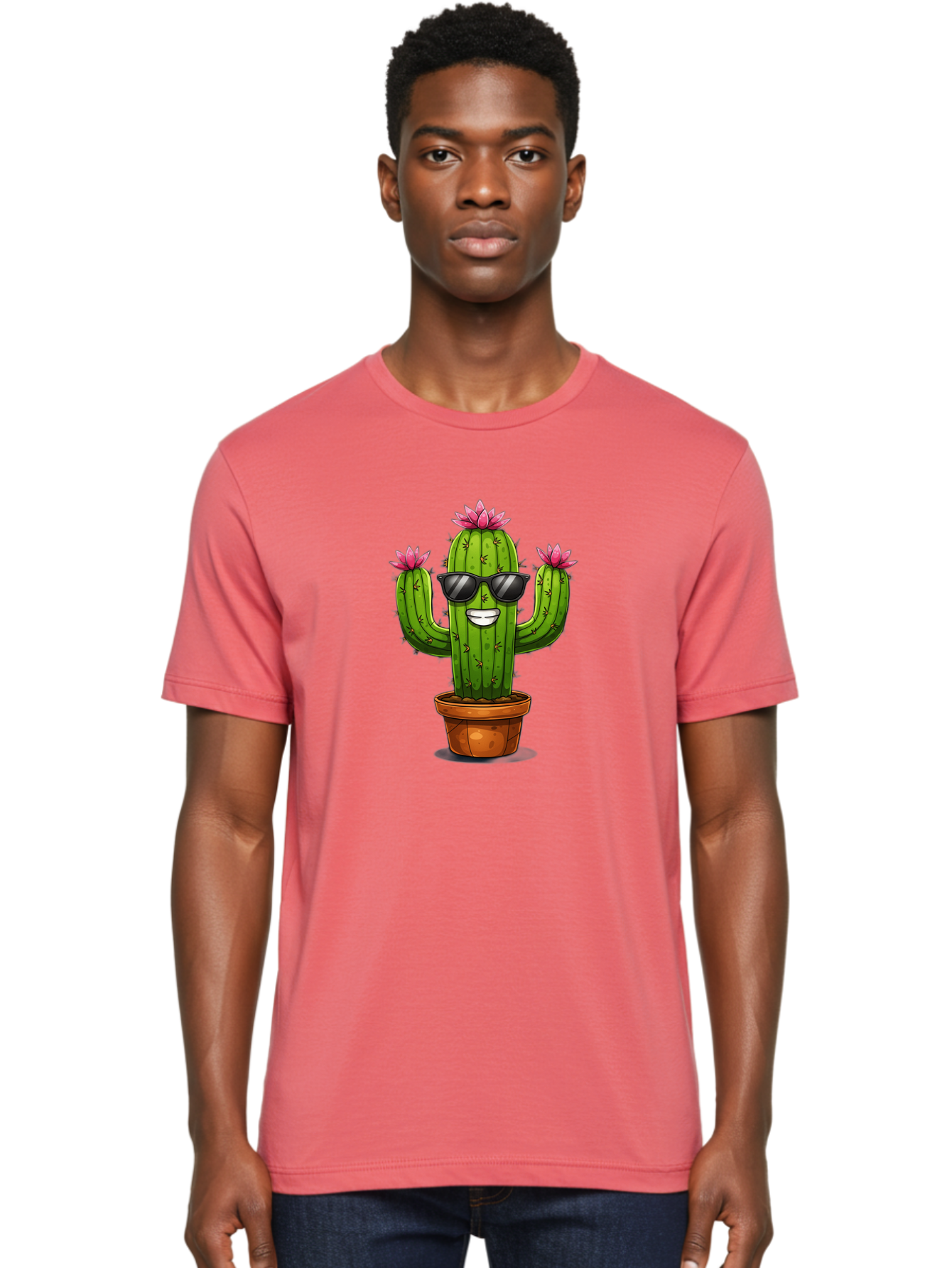 Cactus-Sunglasses-1 Men'S Graphic Tee, 100% Cotton, Comfortable Casual Summer Wear, Machine Washable, Funny Cactus, Sunglasses, Cartoon Style, Pink Flowers, Terracotta Pot, Smiling Face, Quirky Character, Houseplant Decor, Desert Vibes, Bac754