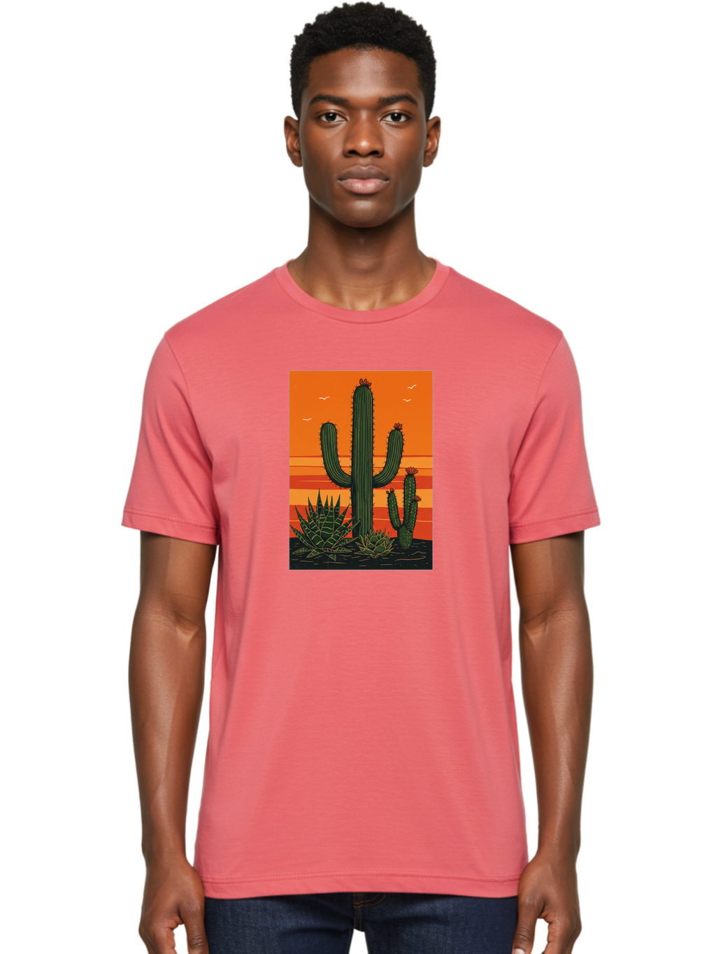 Cactus-Sunset-1 Men'S Graphic Tee, 100% Cotton, Comfortable Casual Summer Wear, Machine Washable, Cactus And Agave Plants, Desert Landscape, Vibrant Sunset, Orange And Yellow Hues, Natural Beauty, Outdoor Scenery, Peaceful Atmosphere, Bac756
