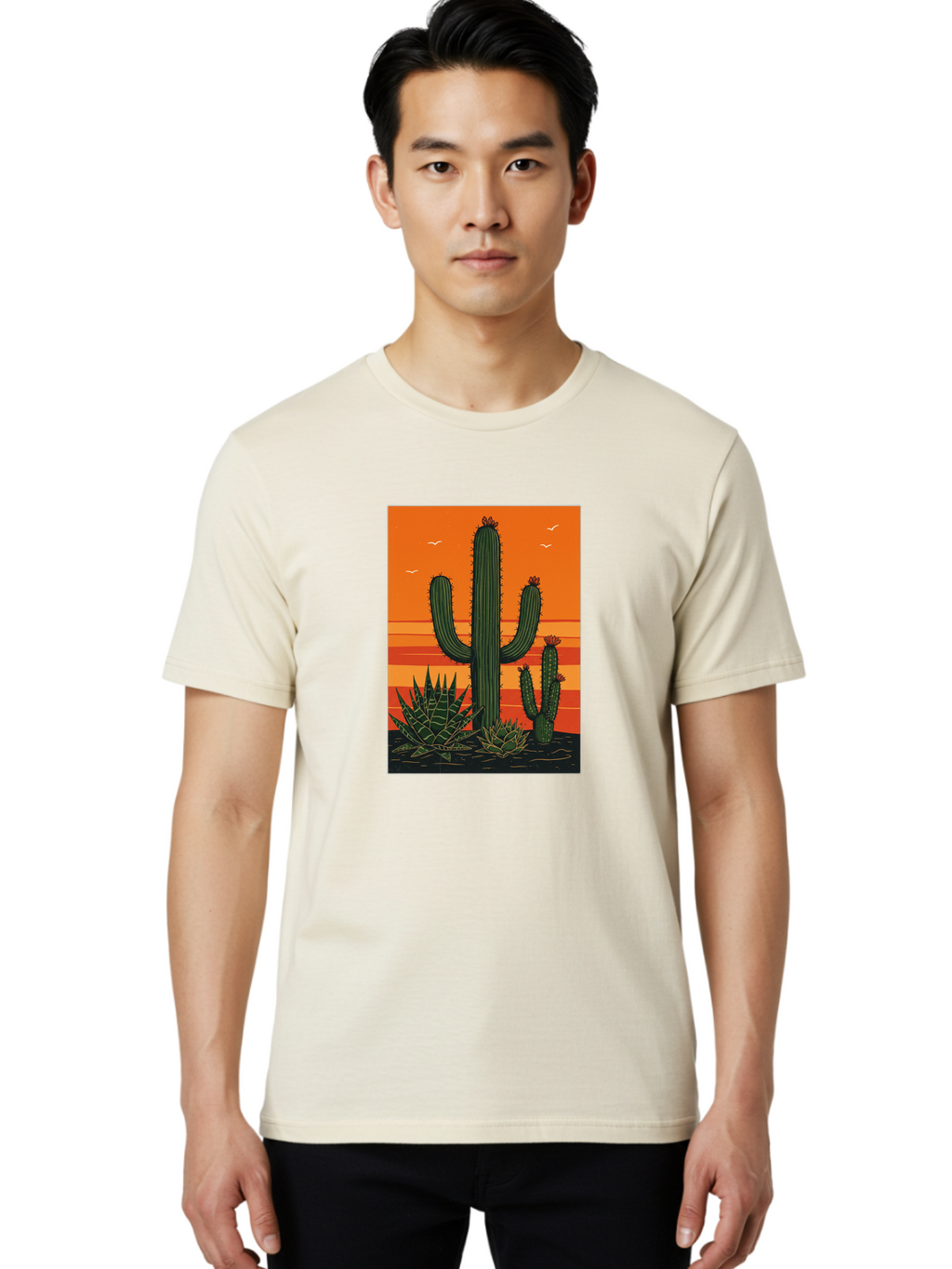 Cactus-Sunset-1 Men'S Graphic Tee, 100% Cotton, Comfortable Casual Summer Wear, Machine Washable, Cactus And Agave Plants, Desert Landscape, Vibrant Sunset, Orange And Yellow Hues, Natural Beauty, Outdoor Scenery, Peaceful Atmosphere, Bac756