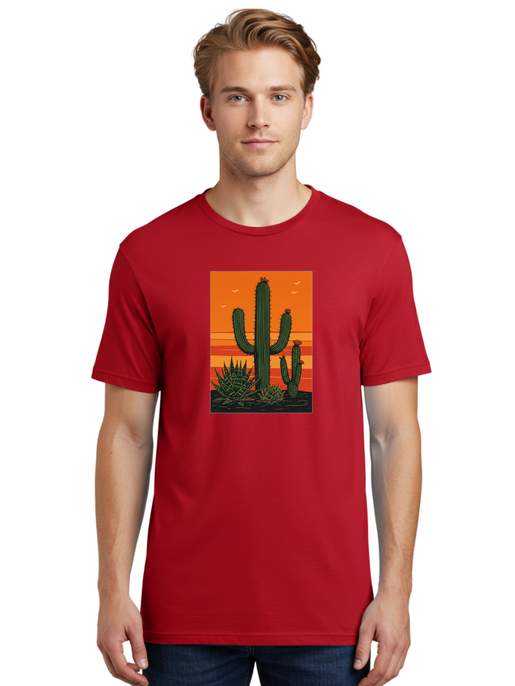 Cactus-Sunset-1 Men'S Graphic Tee, 100% Cotton, Comfortable Casual Summer Wear, Machine Washable, Cactus And Agave Plants, Desert Landscape, Vibrant Sunset, Orange And Yellow Hues, Natural Beauty, Outdoor Scenery, Peaceful Atmosphere, Bac756