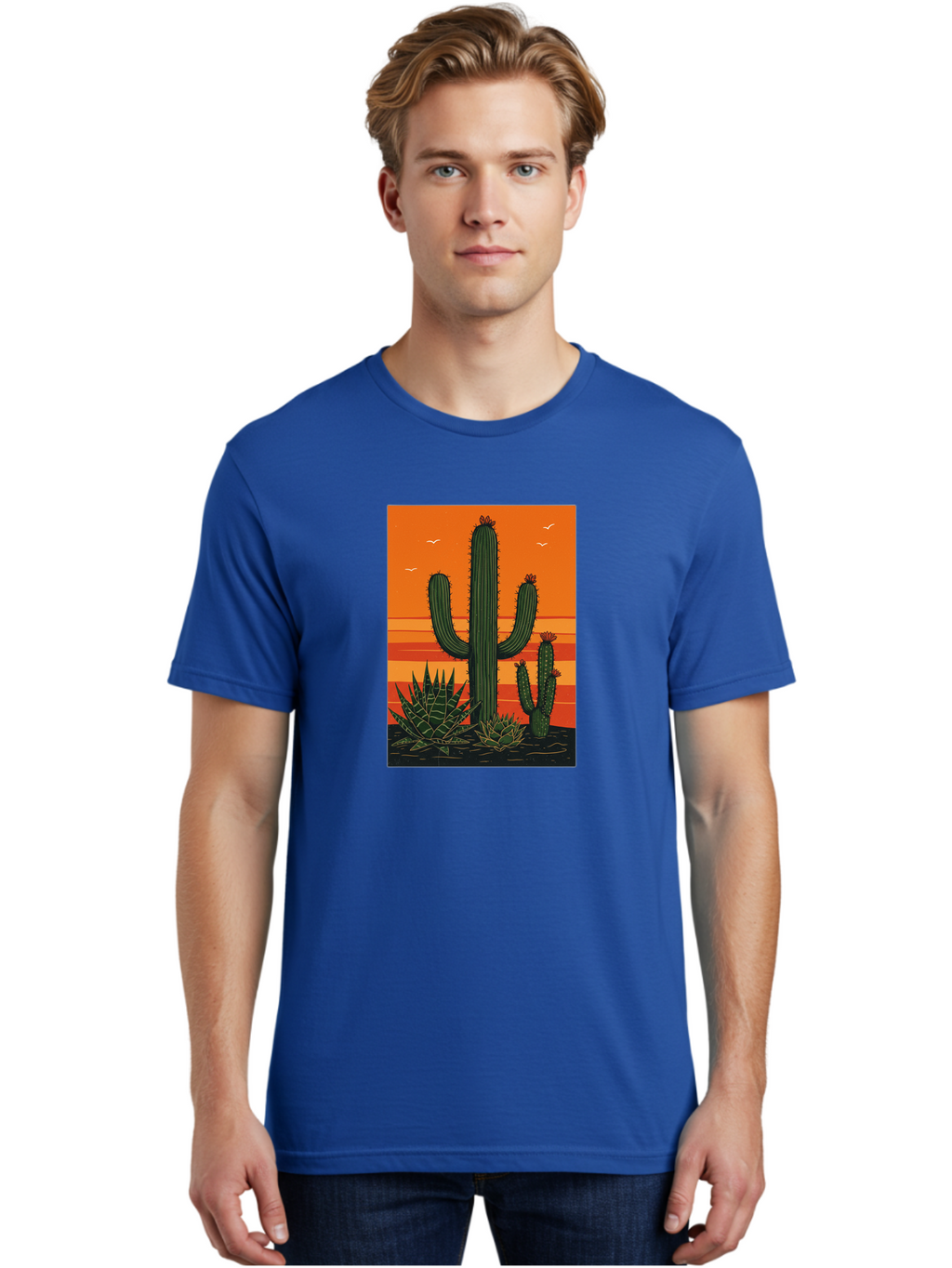 Cactus-Sunset-1 Men'S Graphic Tee, 100% Cotton, Comfortable Casual Summer Wear, Machine Washable, Cactus And Agave Plants, Desert Landscape, Vibrant Sunset, Orange And Yellow Hues, Natural Beauty, Outdoor Scenery, Peaceful Atmosphere, Bac756