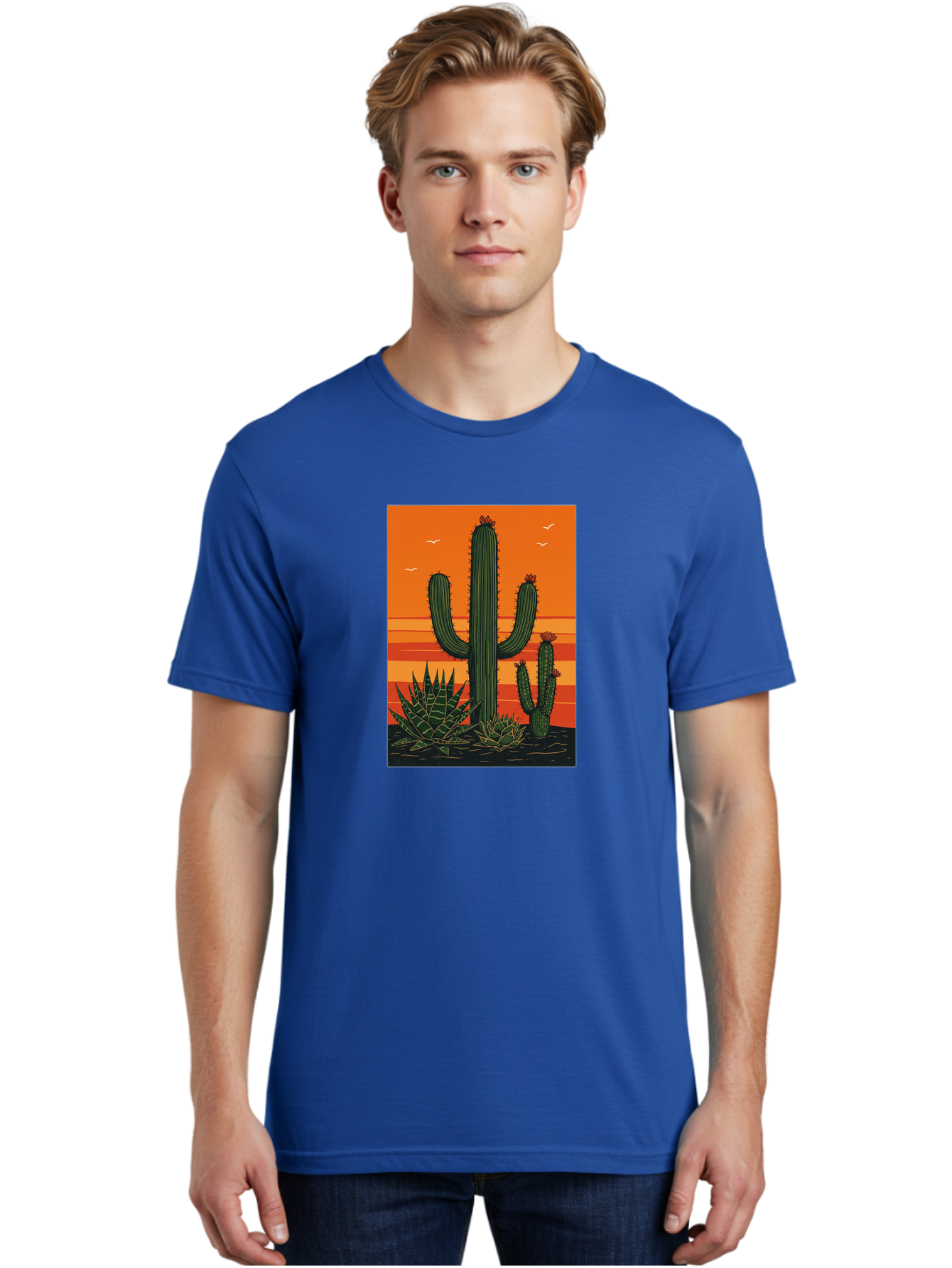 Cactus-Sunset-1 Men'S Graphic Tee, 100% Cotton, Comfortable Casual Summer Wear, Machine Washable, Cactus And Agave Plants, Desert Landscape, Vibrant Sunset, Orange And Yellow Hues, Natural Beauty, Outdoor Scenery, Peaceful Atmosphere, Bac756