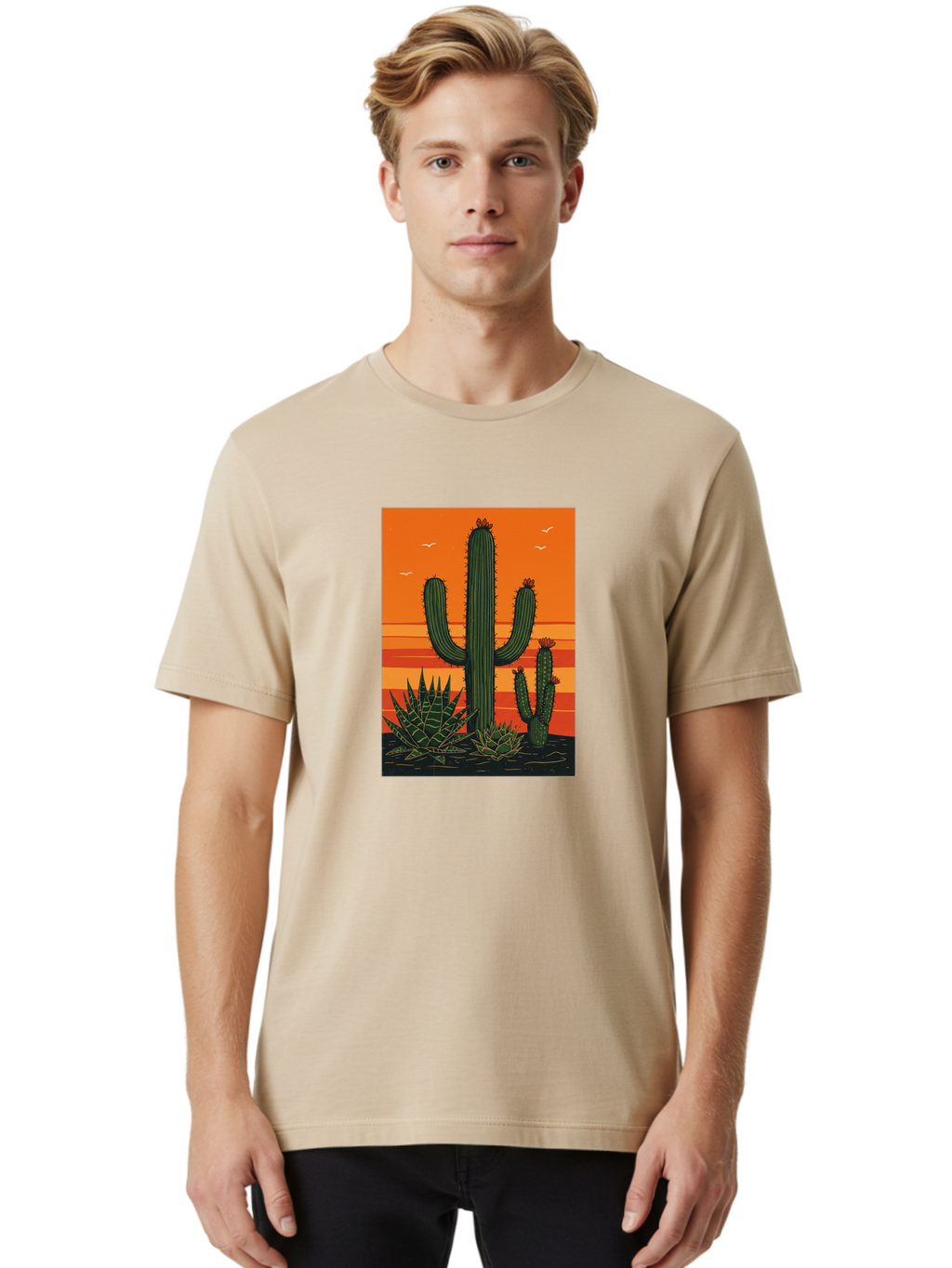 Cactus-Sunset-1 Men'S Graphic Tee, 100% Cotton, Comfortable Casual Summer Wear, Machine Washable, Cactus And Agave Plants, Desert Landscape, Vibrant Sunset, Orange And Yellow Hues, Natural Beauty, Outdoor Scenery, Peaceful Atmosphere, Bac756