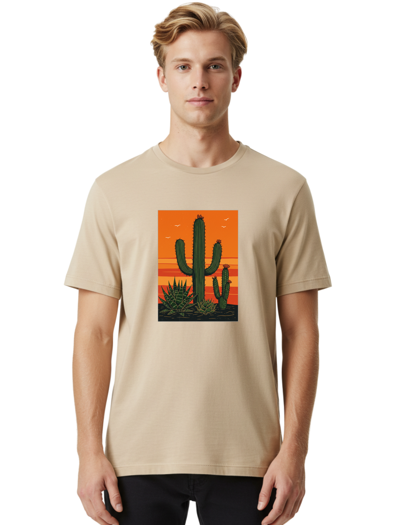 Cactus-Sunset-1 Men'S Graphic Tee, 100% Cotton, Comfortable Casual Summer Wear, Machine Washable, Cactus And Agave Plants, Desert Landscape, Vibrant Sunset, Orange And Yellow Hues, Natural Beauty, Outdoor Scenery, Peaceful Atmosphere, Bac756