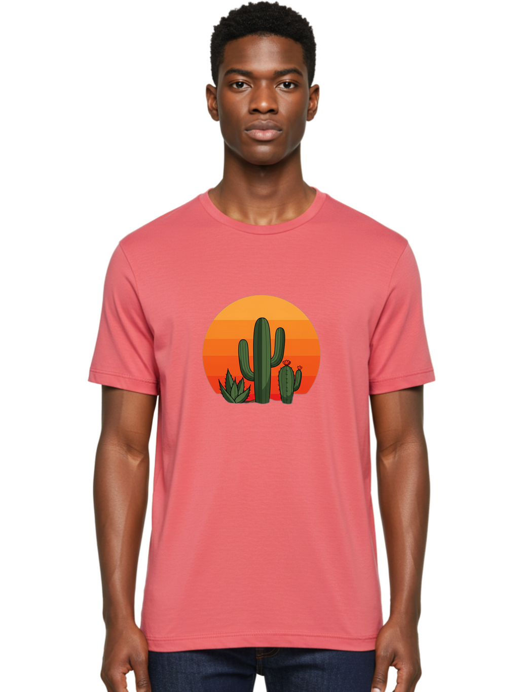 Cactus-Sunset Men'S Graphic Tee, 100% Cotton, Comfortable Casual Summer Wear, Machine Washable, Desert Landscape, Cacti And Succulents, Orange Sunset, Vibrant Colors, Desert Plants, Serene Atmosphere, Southwest Scenery, Natural Beauty Bac757
