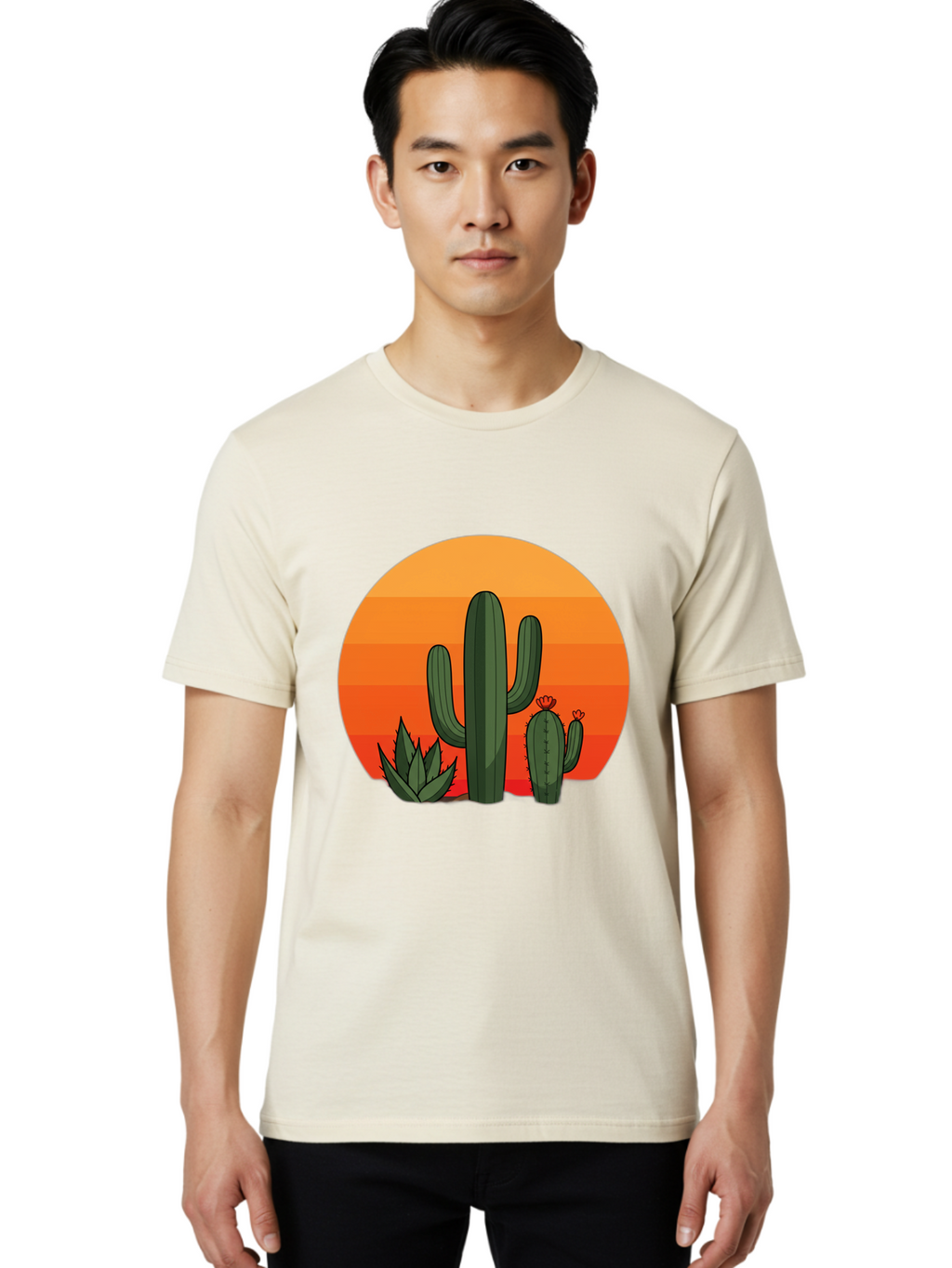 Cactus-Sunset Men'S Graphic Tee, 100% Cotton, Comfortable Casual Summer Wear, Machine Washable, Desert Landscape, Cacti And Succulents, Orange Sunset, Vibrant Colors, Desert Plants, Serene Atmosphere, Southwest Scenery, Natural Beauty Bac757