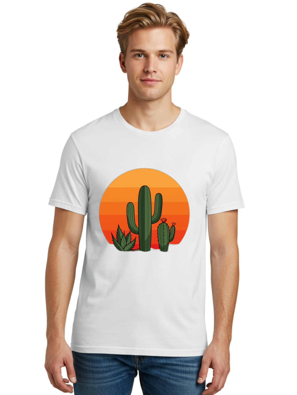 Cactus-Sunset Men'S Graphic Tee, 100% Cotton, Comfortable Casual Summer Wear, Machine Washable, Desert Landscape, Cacti And Succulents, Orange Sunset, Vibrant Colors, Desert Plants, Serene Atmosphere, Southwest Scenery, Natural Beauty Bac757