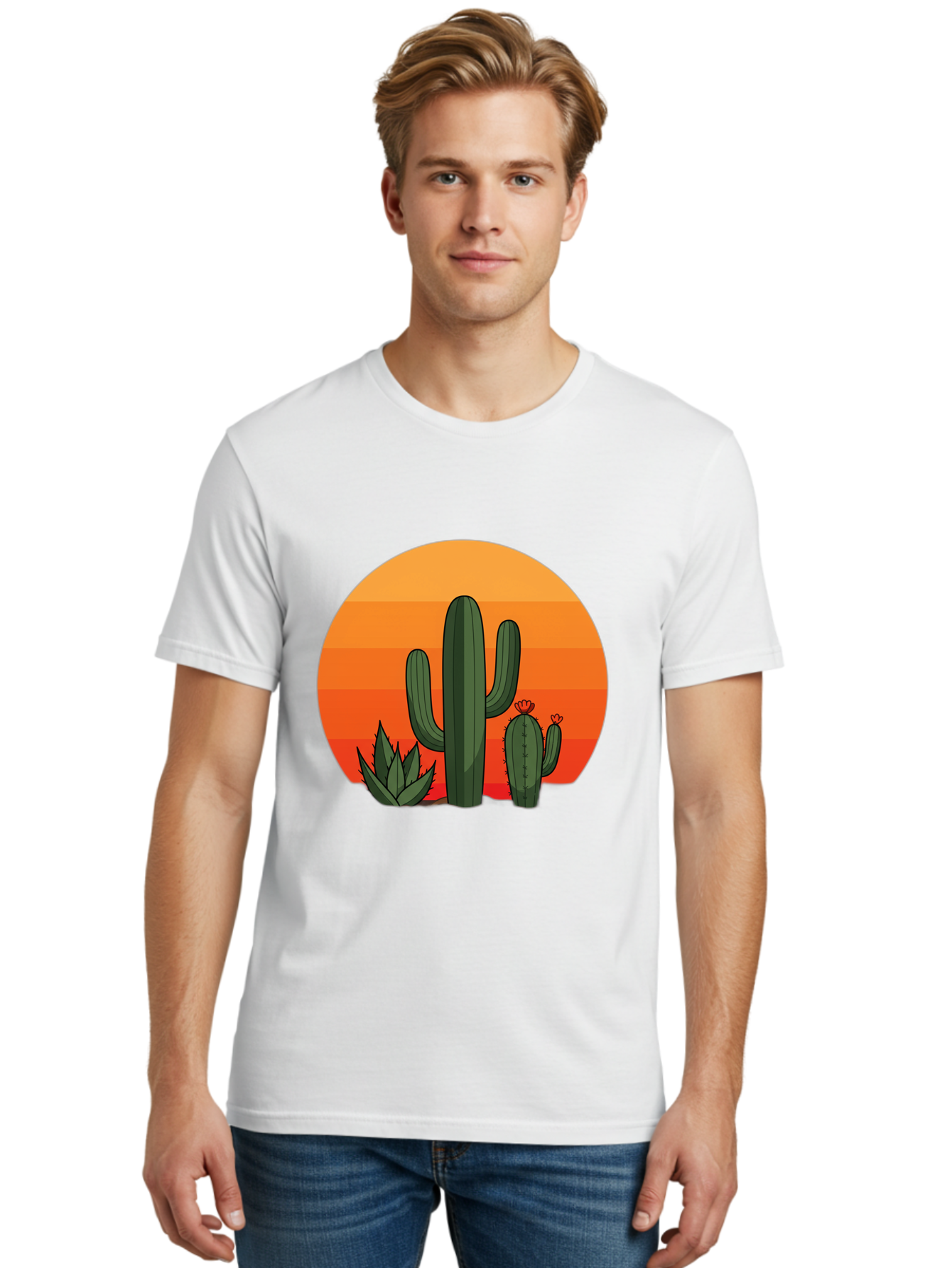 Cactus-Sunset Men'S Graphic Tee, 100% Cotton, Comfortable Casual Summer Wear, Machine Washable, Desert Landscape, Cacti And Succulents, Orange Sunset, Vibrant Colors, Desert Plants, Serene Atmosphere, Southwest Scenery, Natural Beauty Bac757