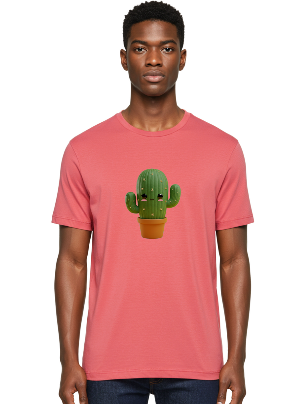 Cactus-With-Face Men'S Graphic Tee, 100% Cotton, Comfortable Casual Summer Wear, Machine Washable, Cartoon Cactus, Potted Plant, Cute Desert Plant, Kawaii Cactus, Smiling Face, Yellow Stars, Terracotta Pot, Adorable Home Decor Bac759