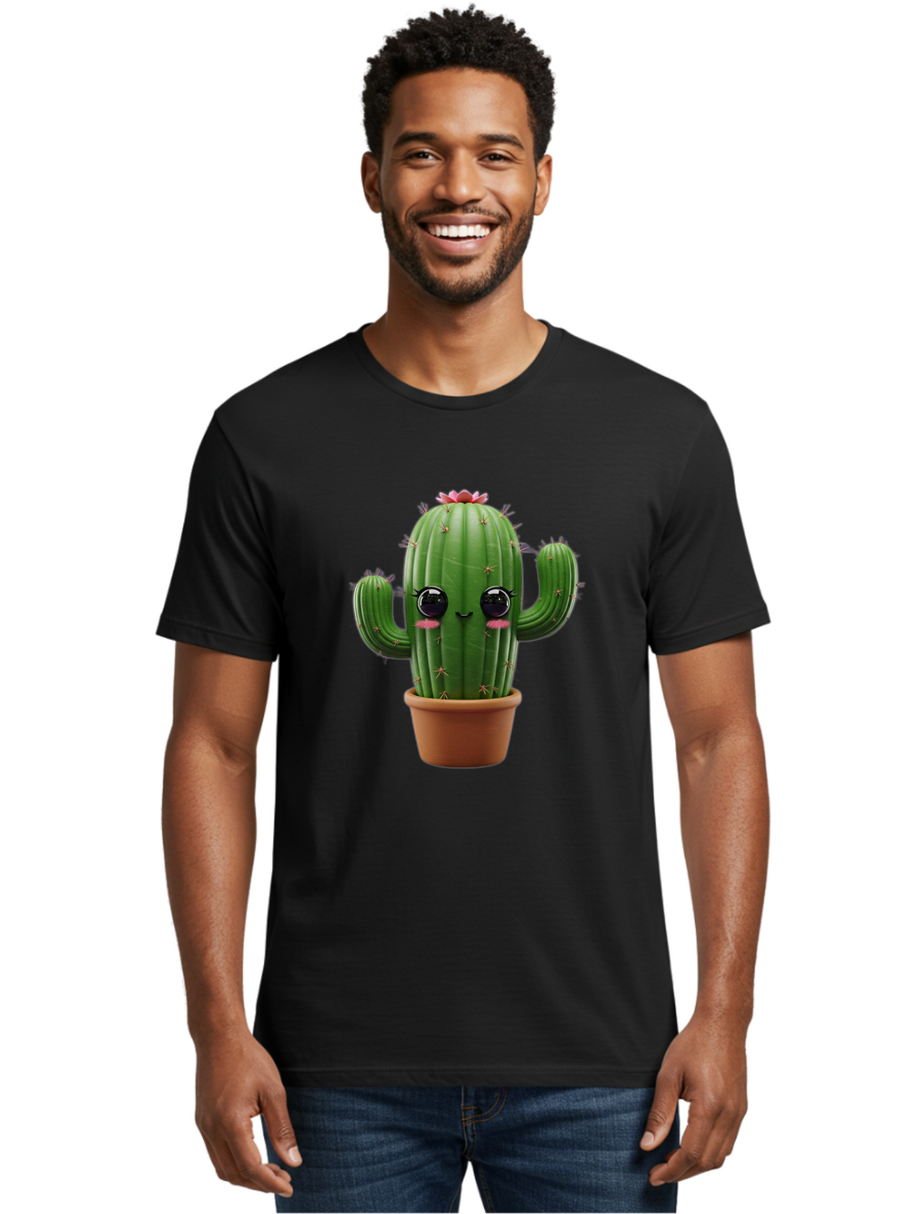 Cactus-With-Pink-Flower-1 Men'S Graphic Tee, 100% Cotton, Comfortable Casual Summer Wear, Machine Washable, Cartoon Cactus, Potted Cactus, Cute Cactus, Cactus With Flower, Smiling Cactus, Adorable Plant, Desert Plant, Succulent, Bac760