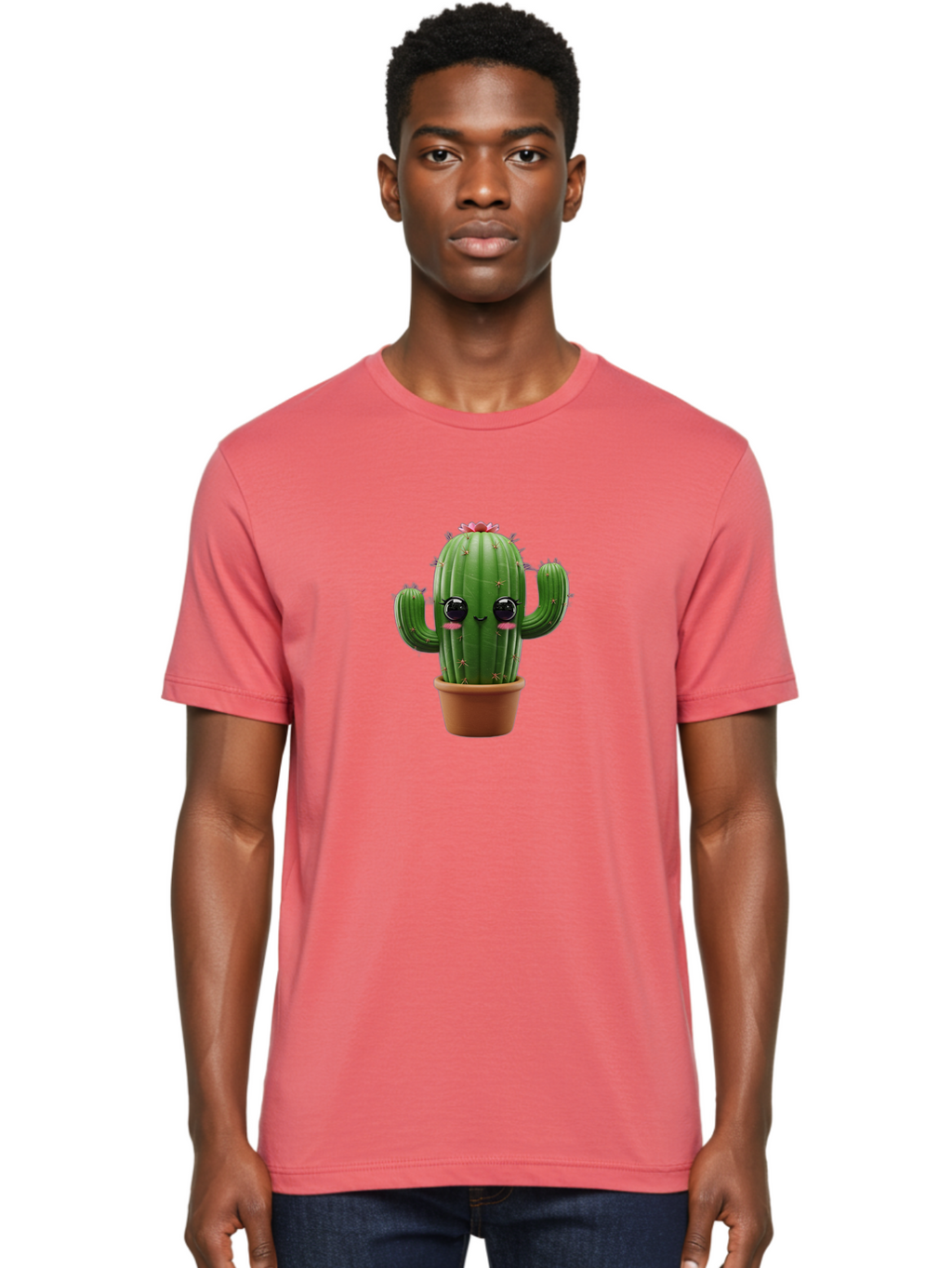 Cactus-With-Pink-Flower-1 Men'S Graphic Tee, 100% Cotton, Comfortable Casual Summer Wear, Machine Washable, Cartoon Cactus, Potted Cactus, Cute Cactus, Cactus With Flower, Smiling Cactus, Adorable Plant, Desert Plant, Succulent, Bac760