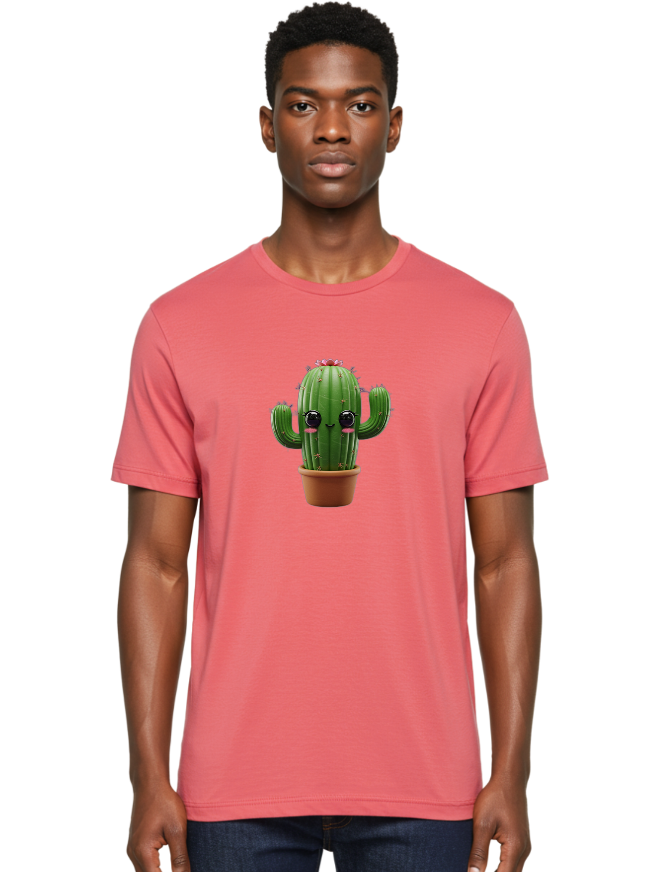 Cactus-With-Pink-Flower-1 Men'S Graphic Tee, 100% Cotton, Comfortable Casual Summer Wear, Machine Washable, Cartoon Cactus, Potted Cactus, Cute Cactus, Cactus With Flower, Smiling Cactus, Adorable Plant, Desert Plant, Succulent, Bac760