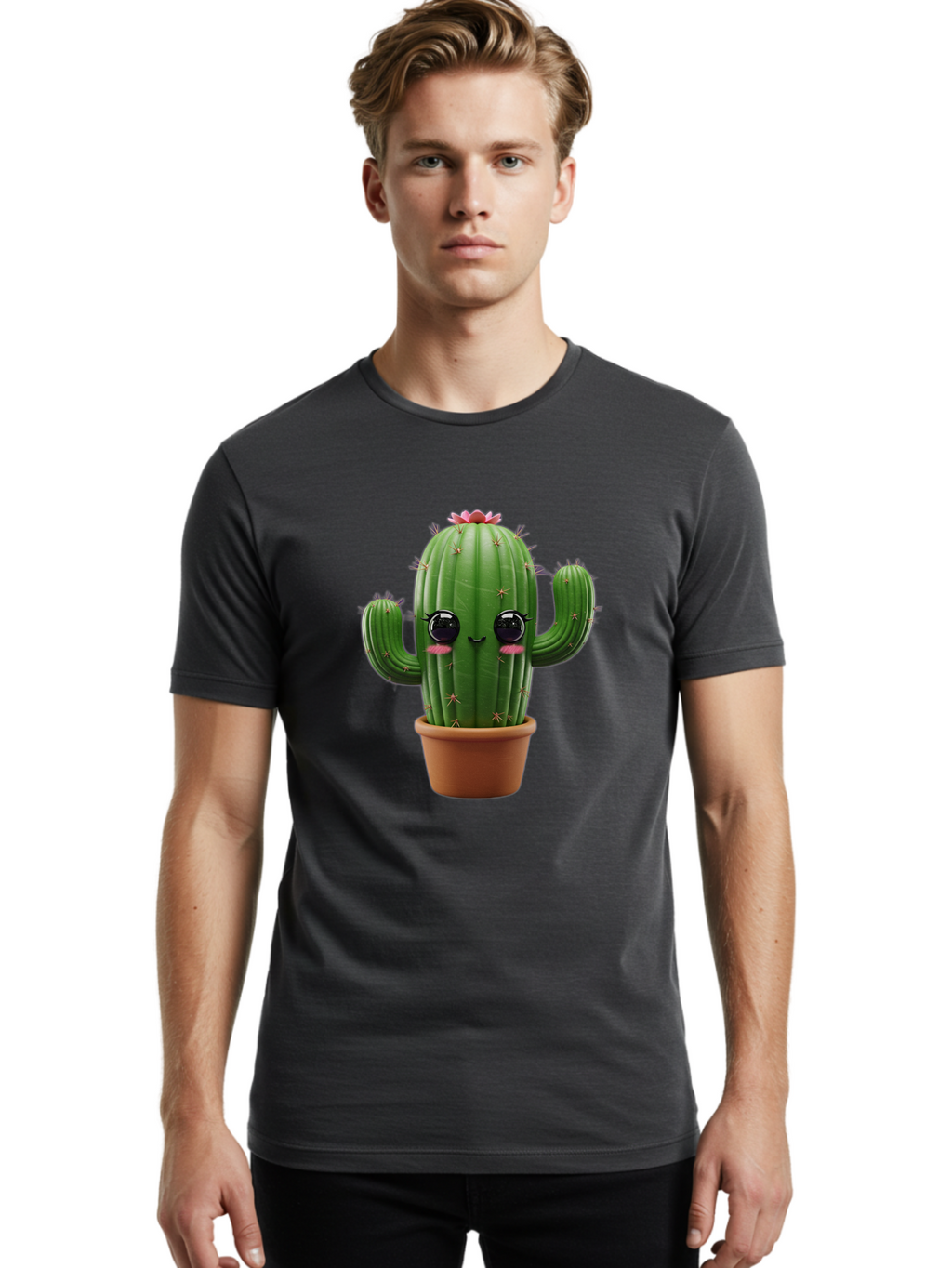 Cactus-With-Pink-Flower-1 Men'S Graphic Tee, 100% Cotton, Comfortable Casual Summer Wear, Machine Washable, Cartoon Cactus, Potted Cactus, Cute Cactus, Cactus With Flower, Smiling Cactus, Adorable Plant, Desert Plant, Succulent, Bac760