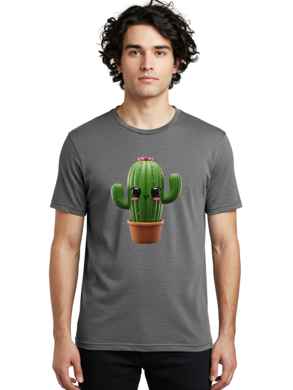 Cactus-With-Pink-Flower-1 Men'S Graphic Tee, 100% Cotton, Comfortable Casual Summer Wear, Machine Washable, Cartoon Cactus, Potted Cactus, Cute Cactus, Cactus With Flower, Smiling Cactus, Adorable Plant, Desert Plant, Succulent, Bac760