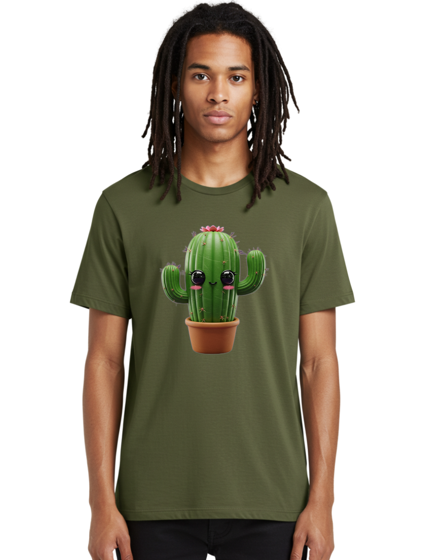 Cactus-With-Pink-Flower-1 Men'S Graphic Tee, 100% Cotton, Comfortable Casual Summer Wear, Machine Washable, Cartoon Cactus, Potted Cactus, Cute Cactus, Cactus With Flower, Smiling Cactus, Adorable Plant, Desert Plant, Succulent, Bac760