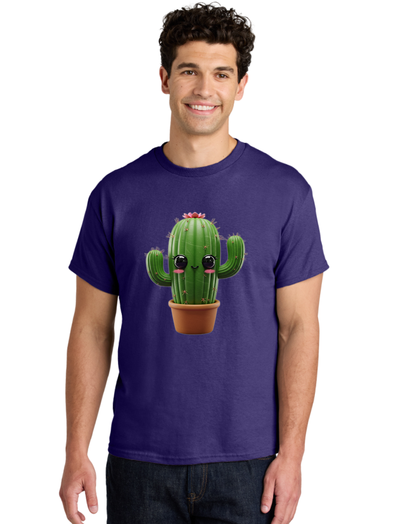 Cactus-With-Pink-Flower-1 Men'S Graphic Tee, 100% Cotton, Comfortable Casual Summer Wear, Machine Washable, Cartoon Cactus, Potted Cactus, Cute Cactus, Cactus With Flower, Smiling Cactus, Adorable Plant, Desert Plant, Succulent, Bac760
