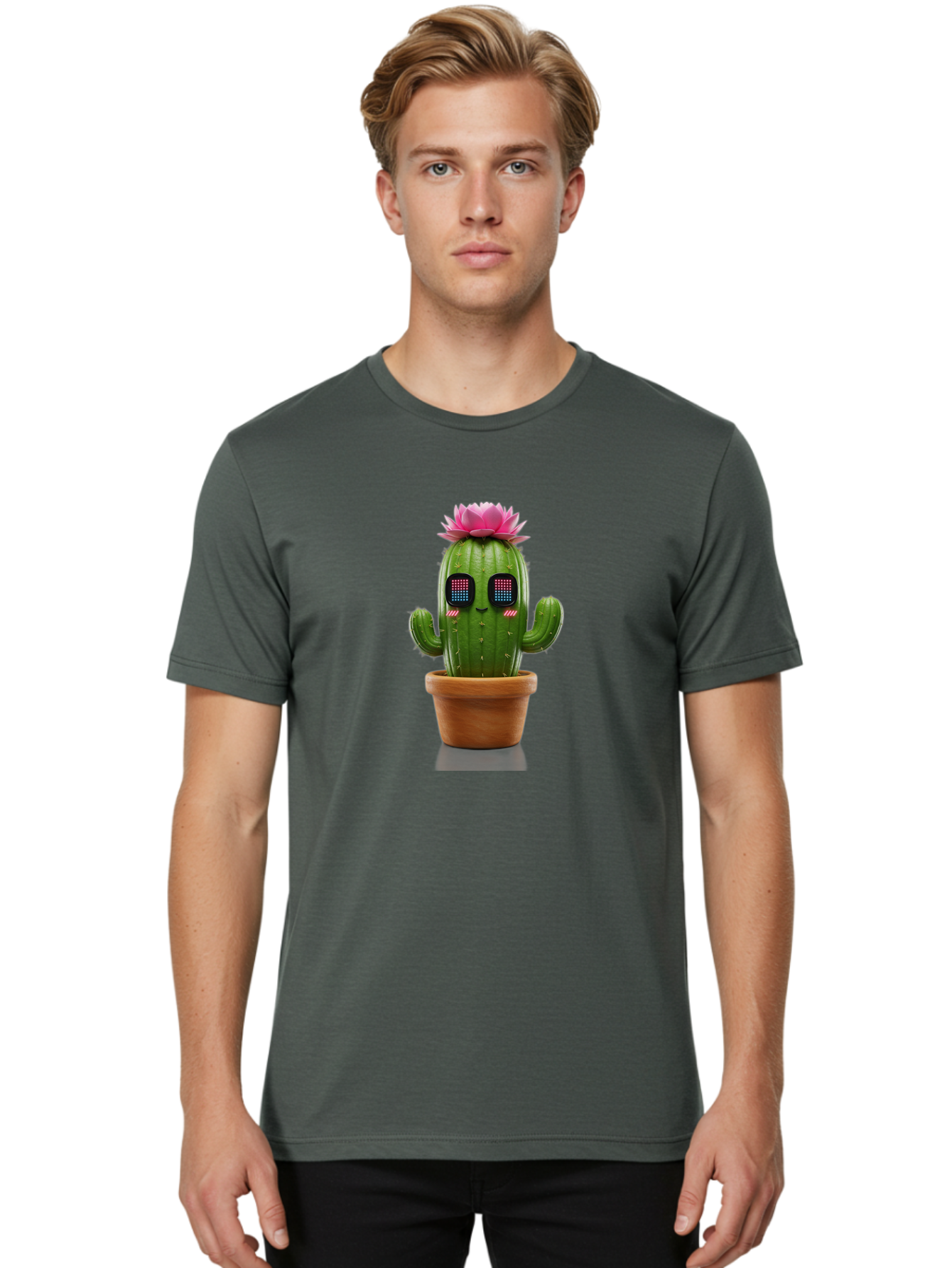 Cactus-With-Pink-Flower-2 Men'S Graphic Tee, 100% Cotton, Comfortable Casual Summer Wear, Machine Washable, Cactus With Digital Eyes, Pink Flower, Terracotta Pot, Futuristic Design, Kawaii Style, Prickly Charm, Unique Decor, Bac761