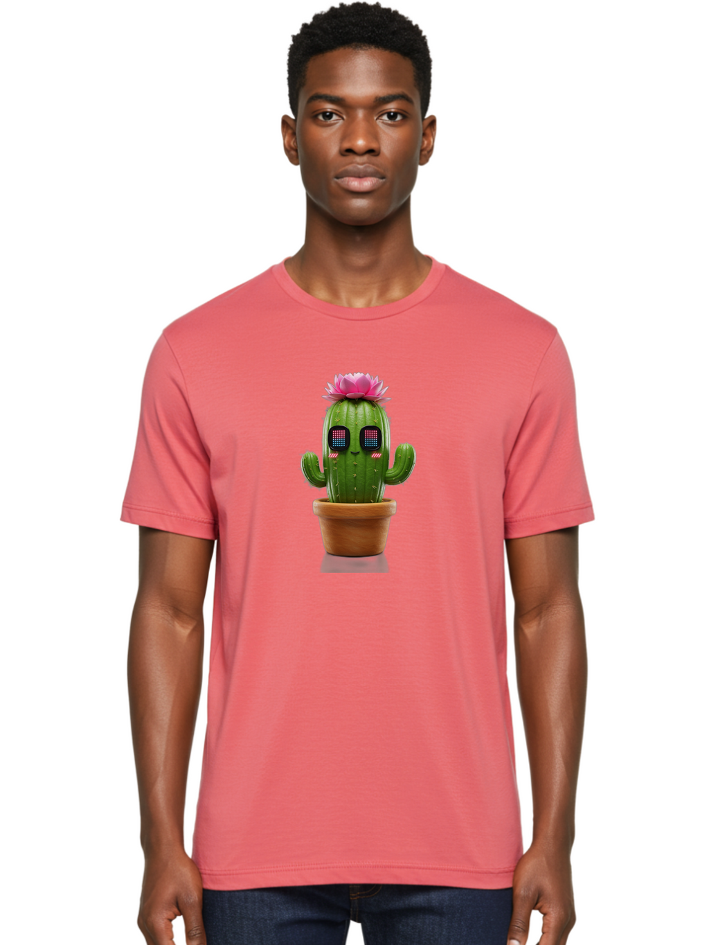 Cactus-With-Pink-Flower-2 Men'S Graphic Tee, 100% Cotton, Comfortable Casual Summer Wear, Machine Washable, Cactus With Digital Eyes, Pink Flower, Terracotta Pot, Futuristic Design, Kawaii Style, Prickly Charm, Unique Decor, Bac761