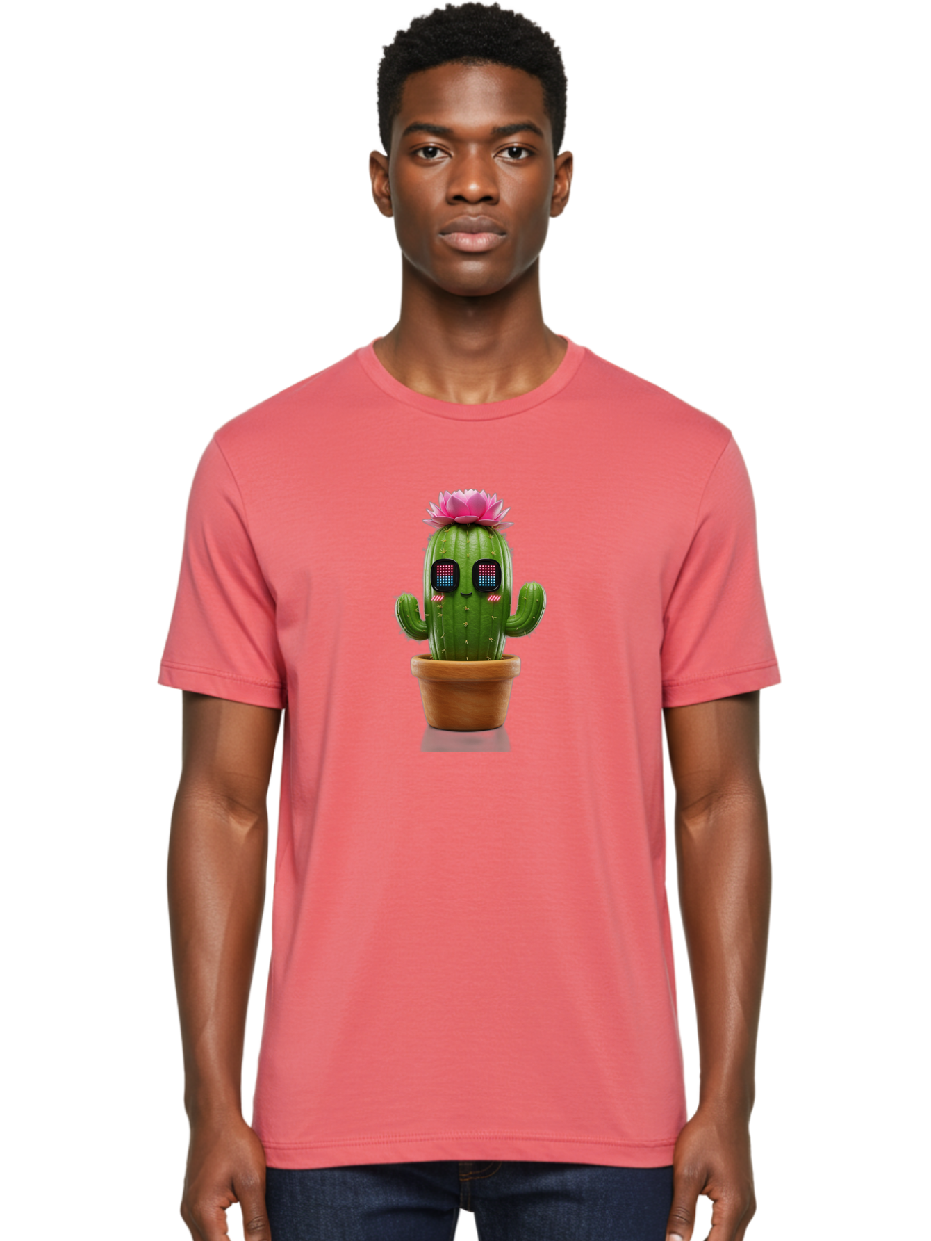 Cactus-With-Pink-Flower-2 Men'S Graphic Tee, 100% Cotton, Comfortable Casual Summer Wear, Machine Washable, Cactus With Digital Eyes, Pink Flower, Terracotta Pot, Futuristic Design, Kawaii Style, Prickly Charm, Unique Decor, Bac761