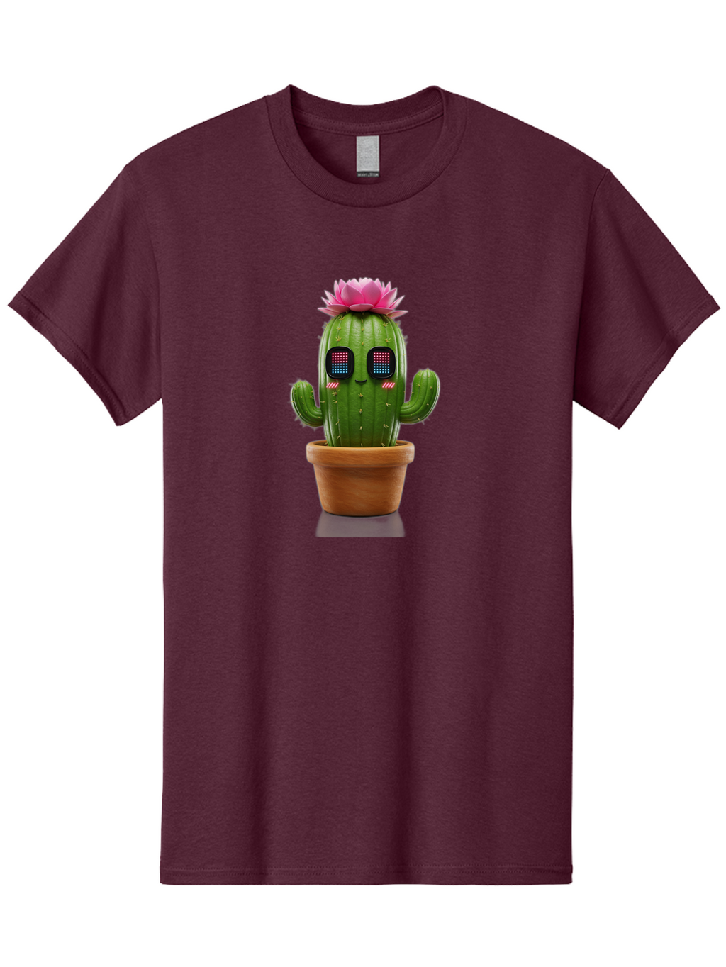 Cactus-With-Pink-Flower-2 Men'S Graphic Tee, 100% Cotton, Comfortable Casual Summer Wear, Machine Washable, Cactus With Digital Eyes, Pink Flower, Terracotta Pot, Futuristic Design, Kawaii Style, Prickly Charm, Unique Decor, Bac761