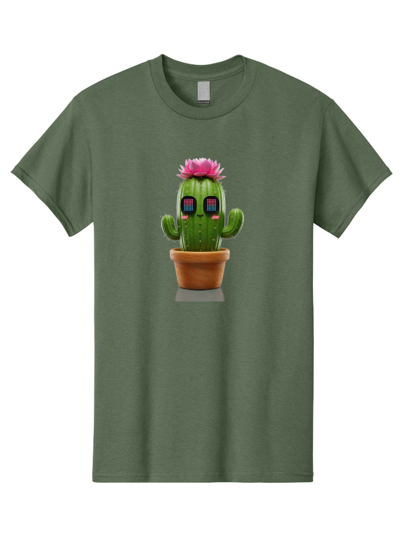Cactus-With-Pink-Flower-2 Men'S Graphic Tee, 100% Cotton, Comfortable Casual Summer Wear, Machine Washable, Cactus With Digital Eyes, Pink Flower, Terracotta Pot, Futuristic Design, Kawaii Style, Prickly Charm, Unique Decor, Bac761