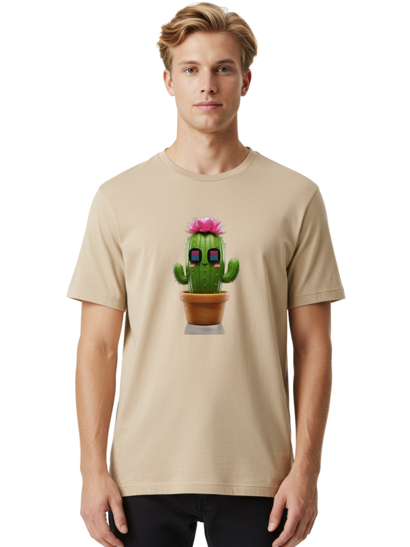 Cactus-With-Pink-Flower-2 Men'S Graphic Tee, 100% Cotton, Comfortable Casual Summer Wear, Machine Washable, Cactus With Digital Eyes, Pink Flower, Terracotta Pot, Futuristic Design, Kawaii Style, Prickly Charm, Unique Decor, Bac761