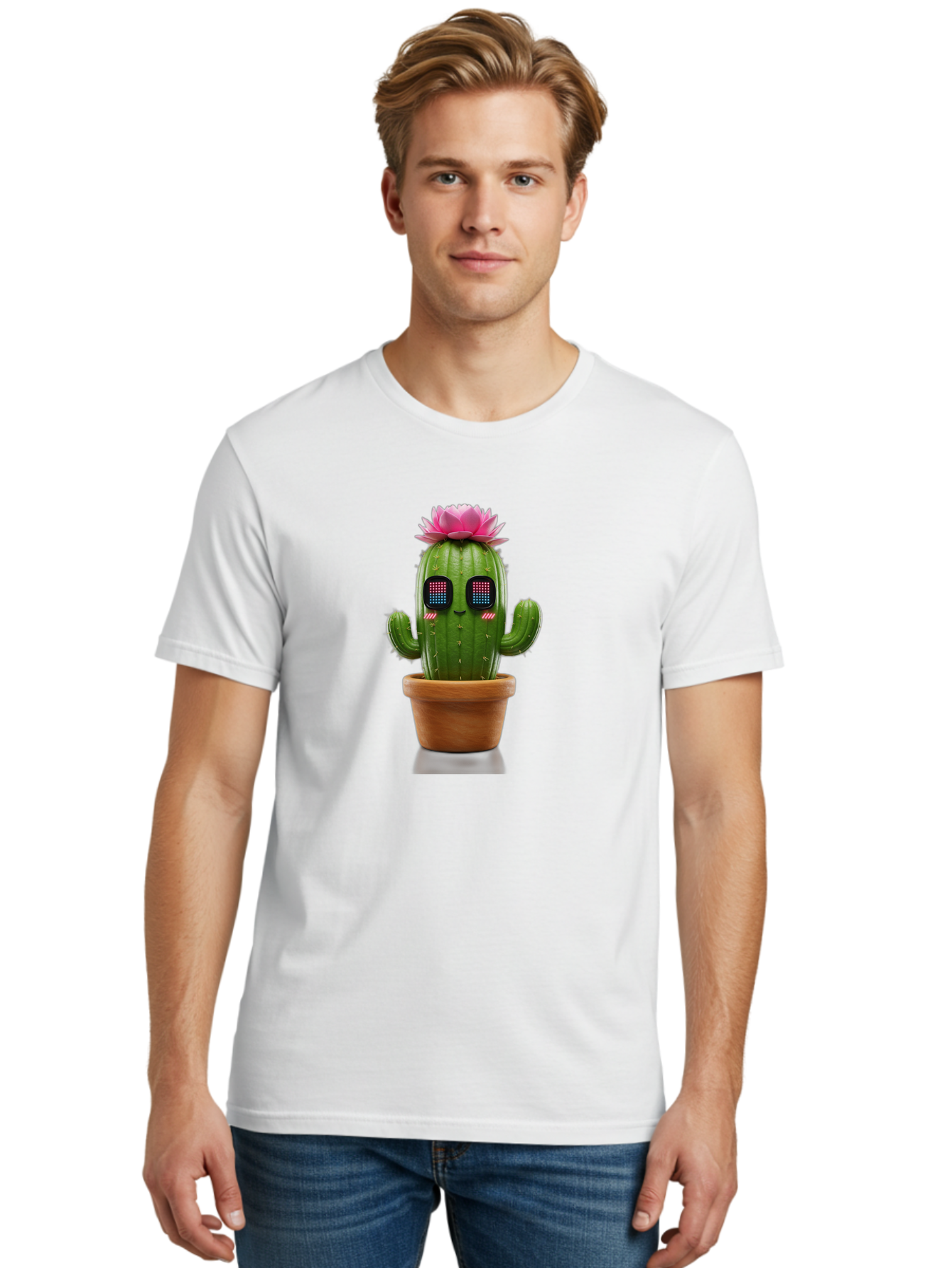 Cactus-With-Pink-Flower-2 Men'S Graphic Tee, 100% Cotton, Comfortable Casual Summer Wear, Machine Washable, Cactus With Digital Eyes, Pink Flower, Terracotta Pot, Futuristic Design, Kawaii Style, Prickly Charm, Unique Decor, Bac761