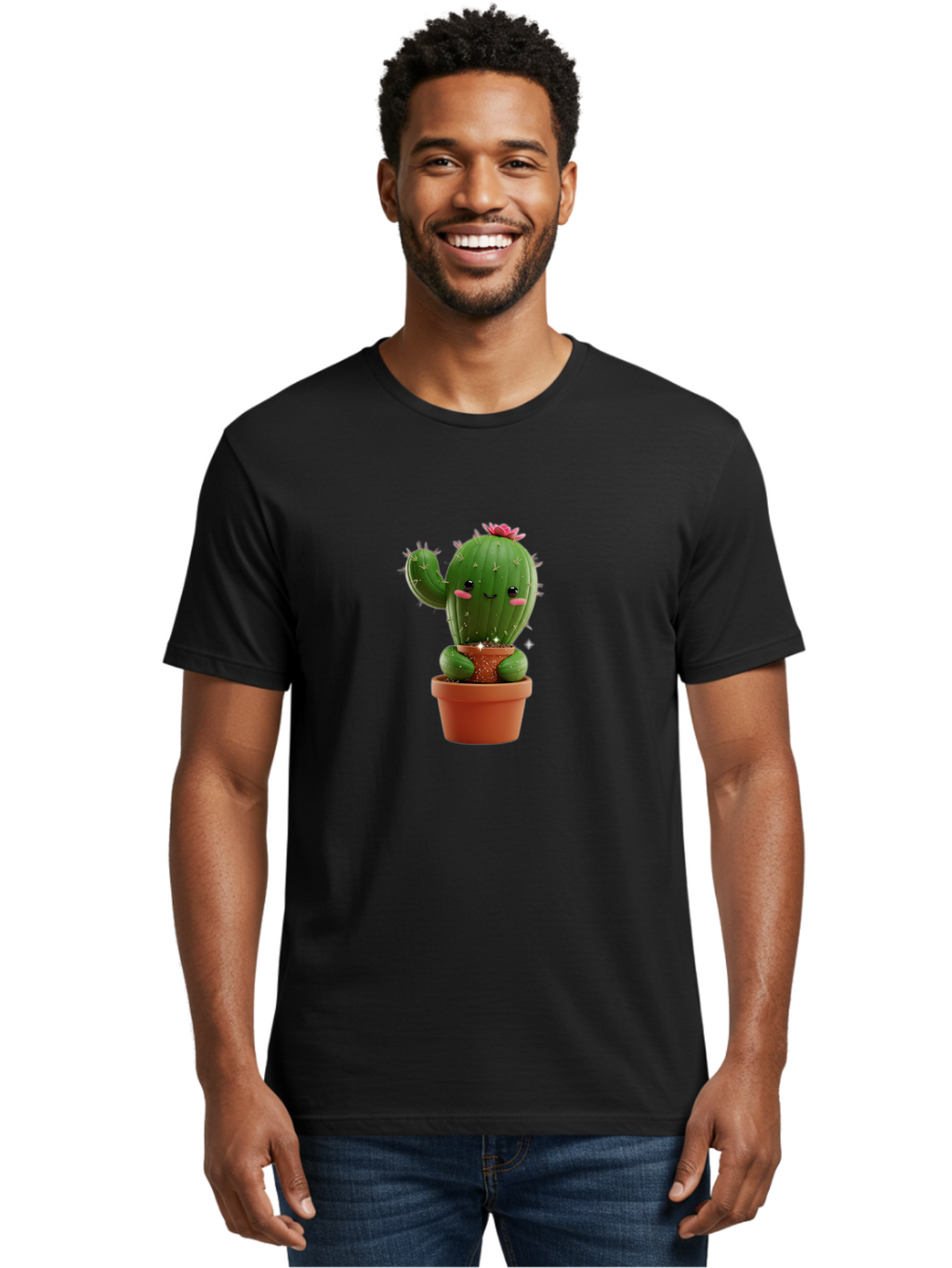 Cactus-With-Pink-Flower Men'S Graphic Tee, 100% Cotton, Comfortable Casual Summer Wear, Machine Washable, Smiling Cactus, Potted Cactus, Cartoon Cactus, Lovely Cactus, Cactus In Pot, Succulent Plant, Cute Character, Kawaii Cactus, Bac762