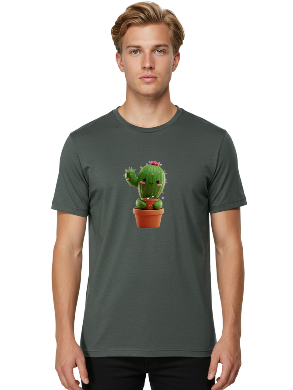 Cactus-With-Pink-Flower Men'S Graphic Tee, 100% Cotton, Comfortable Casual Summer Wear, Machine Washable, Smiling Cactus, Potted Cactus, Cartoon Cactus, Lovely Cactus, Cactus In Pot, Succulent Plant, Cute Character, Kawaii Cactus, Bac762