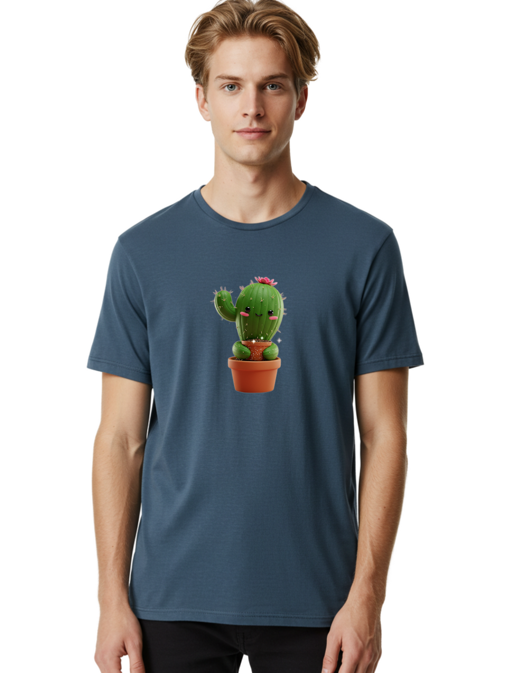 Cactus-With-Pink-Flower Men'S Graphic Tee, 100% Cotton, Comfortable Casual Summer Wear, Machine Washable, Smiling Cactus, Potted Cactus, Cartoon Cactus, Lovely Cactus, Cactus In Pot, Succulent Plant, Cute Character, Kawaii Cactus, Bac762